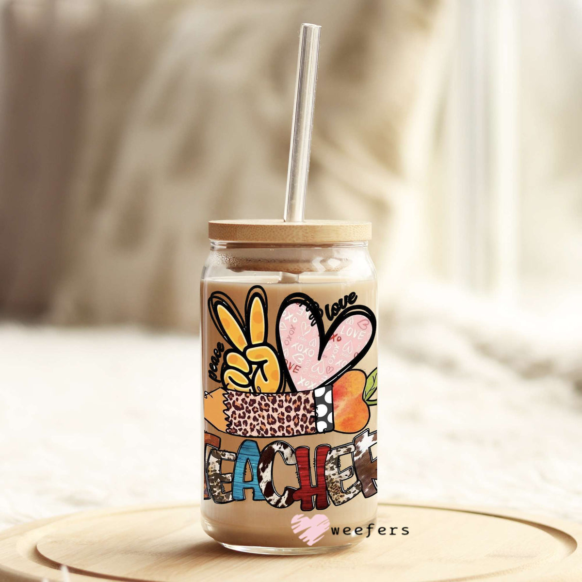 Peace, Love, Teacher 16oz Libbey Glass Can UV DTF or Sublimation Wrap - Decal Weefers