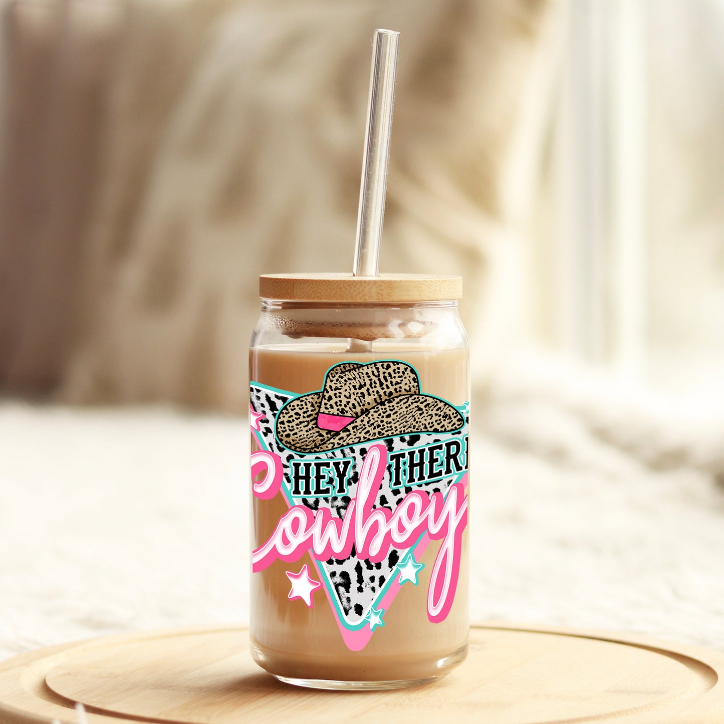Hey There Cowboy 16oz Libbey Glass Can UV DTF or Sublimation Cup Wrap - Decal Transfer Weefers