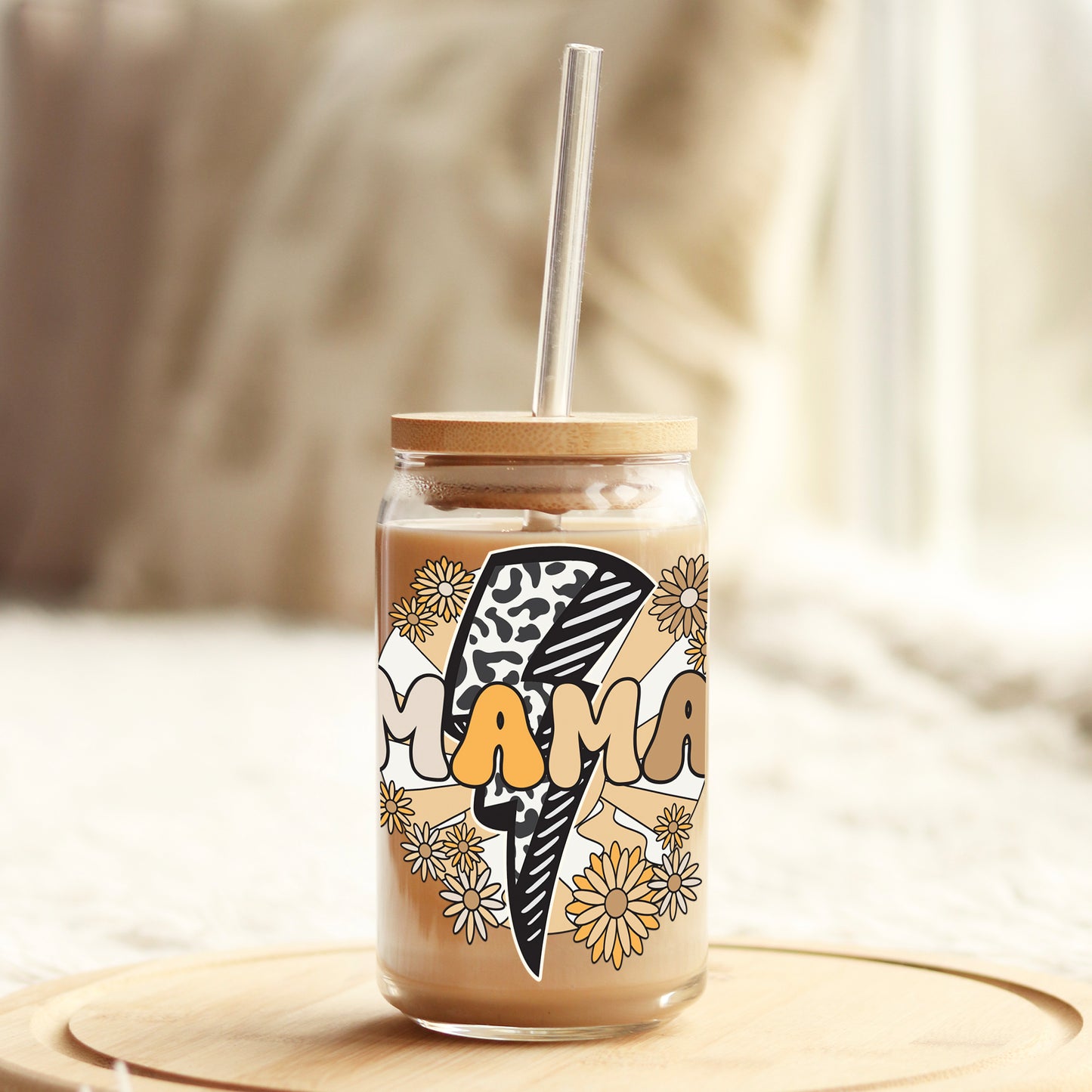 Mama Beige Lightening Bolt 16oz Libbey Glass Can UV DTF or Sublimation Cup Wrap - Decal Transfer Weefers