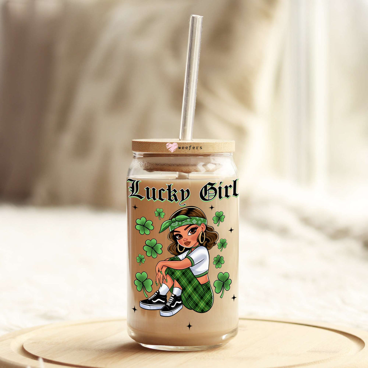 Lucky Girl 16oz Libbey Glass Can UV DTF or Sublimation Cup Wrap - Decal Transfer Weefers