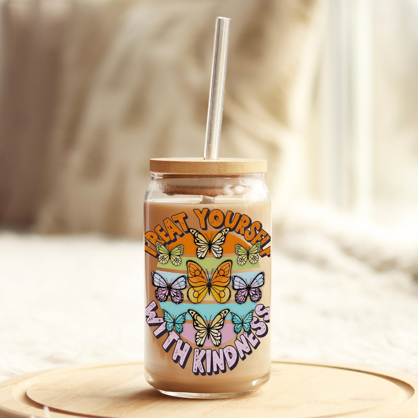 Treat Yourself with Kindness 16oz Libbey Glass Can UV DTF or Sublimation Cup Wrap - Decal Transfer Weefers