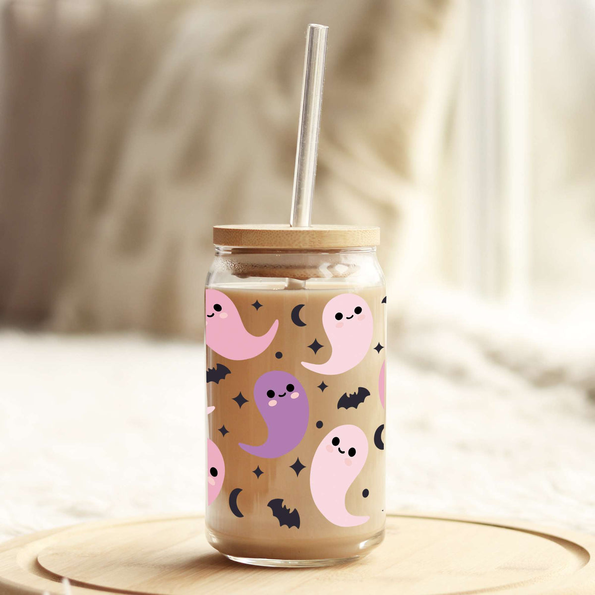 Purple and Pink Ghosts Halloween 16oz Libbey Glass Can UV DTF or Sublimation Wrap - Decal Weefers