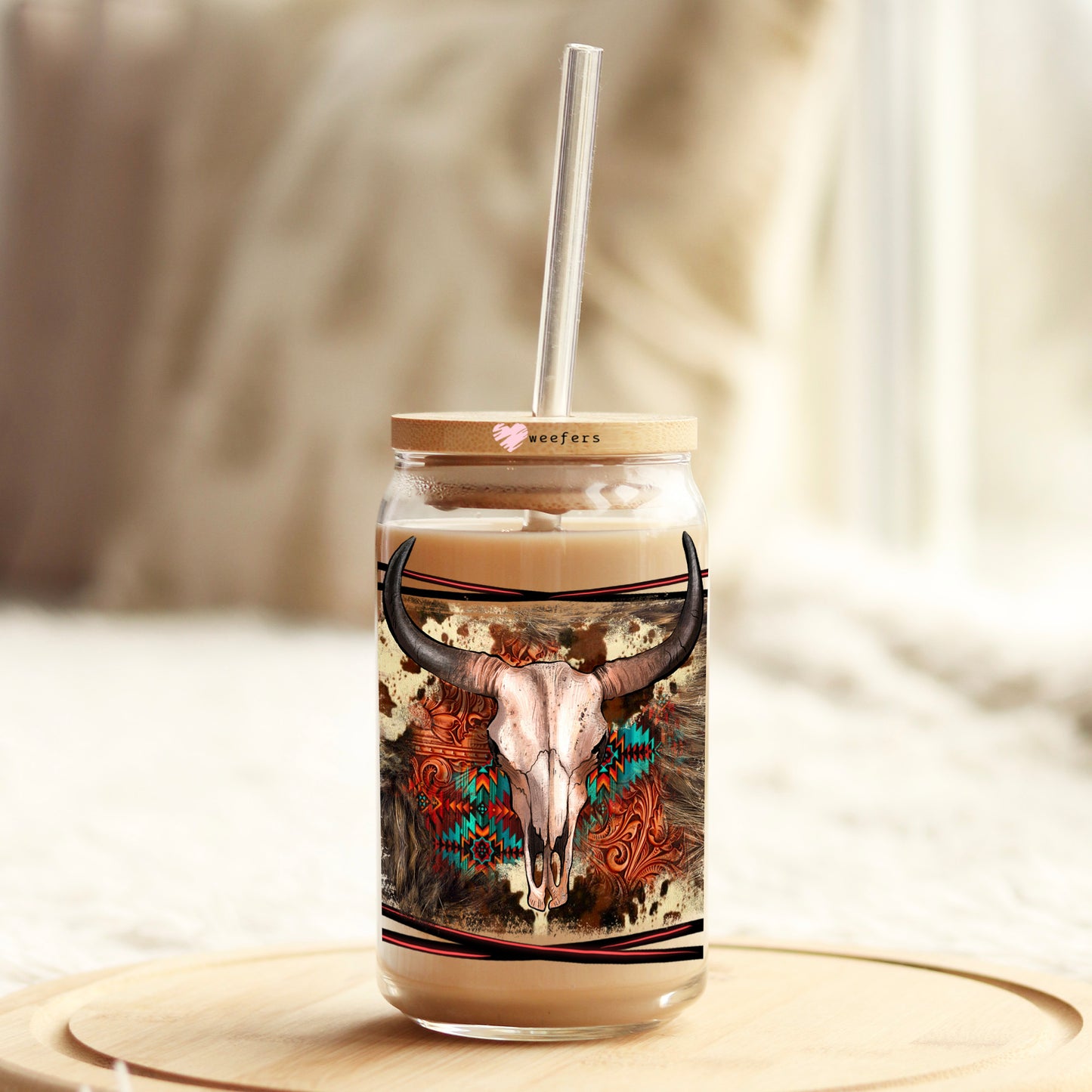 Rustic Cow Skull 16oz Libbey Glass Can UV DTF or Sublimation Cup Wrap - Decal Transfer Weefers