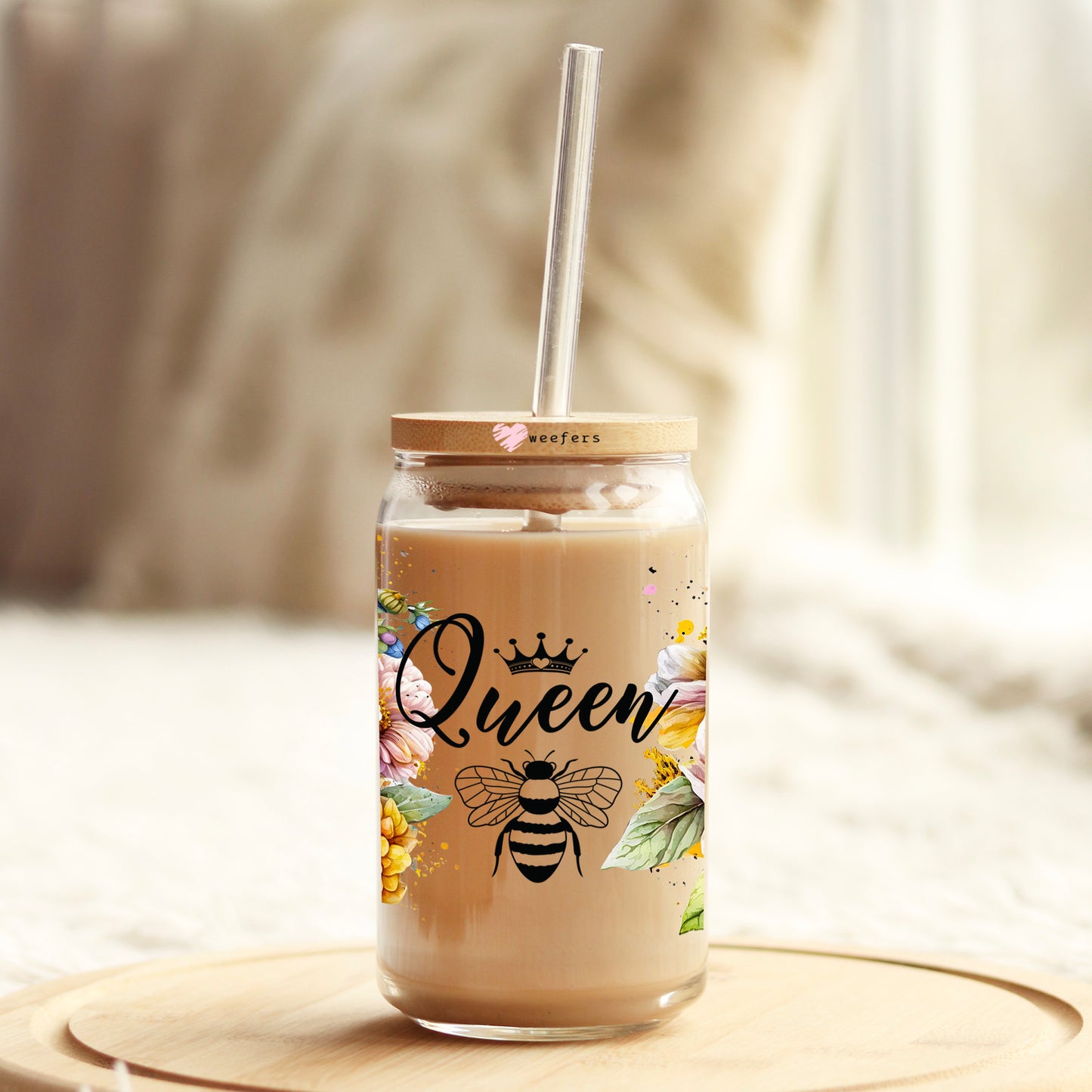 Queen Bee Floral 16oz Libbey Glass Can UV DTF or Sublimation Cup Wrap - Decal Transfer Weefers