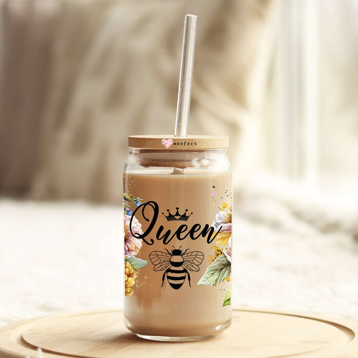 Queen Bee Floral 16oz Libbey Glass Can UV DTF or Sublimation Cup Wrap - Decal Transfer Weefers