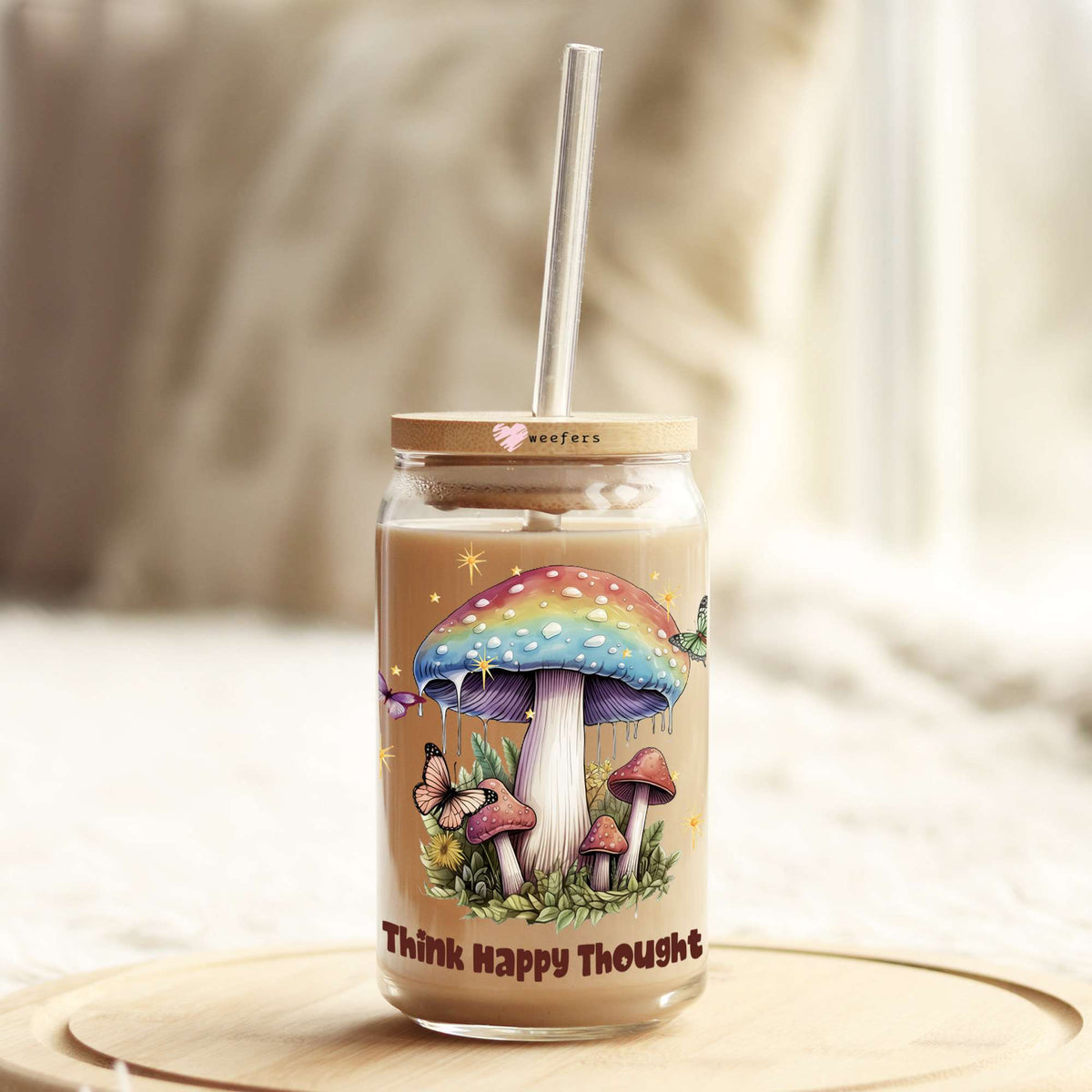 Think Happy Thoughts 16oz Libbey Glass Can UV DTF or Sublimation Cup Wrap - Decal Weefers