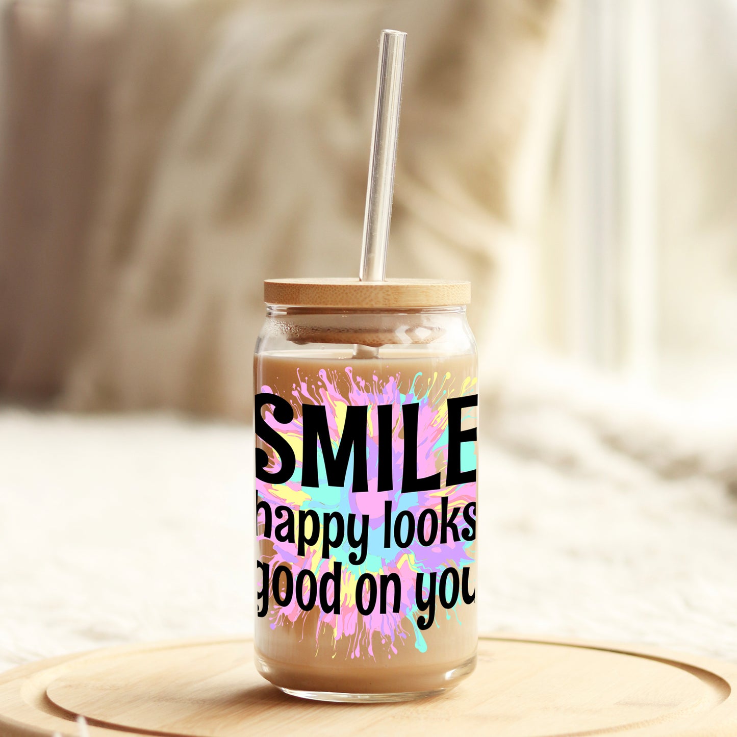 Smile Happy Looks Good on You 16oz Libbey Glass Can UV DTF or Sublimation Wrap - Decal Weefers