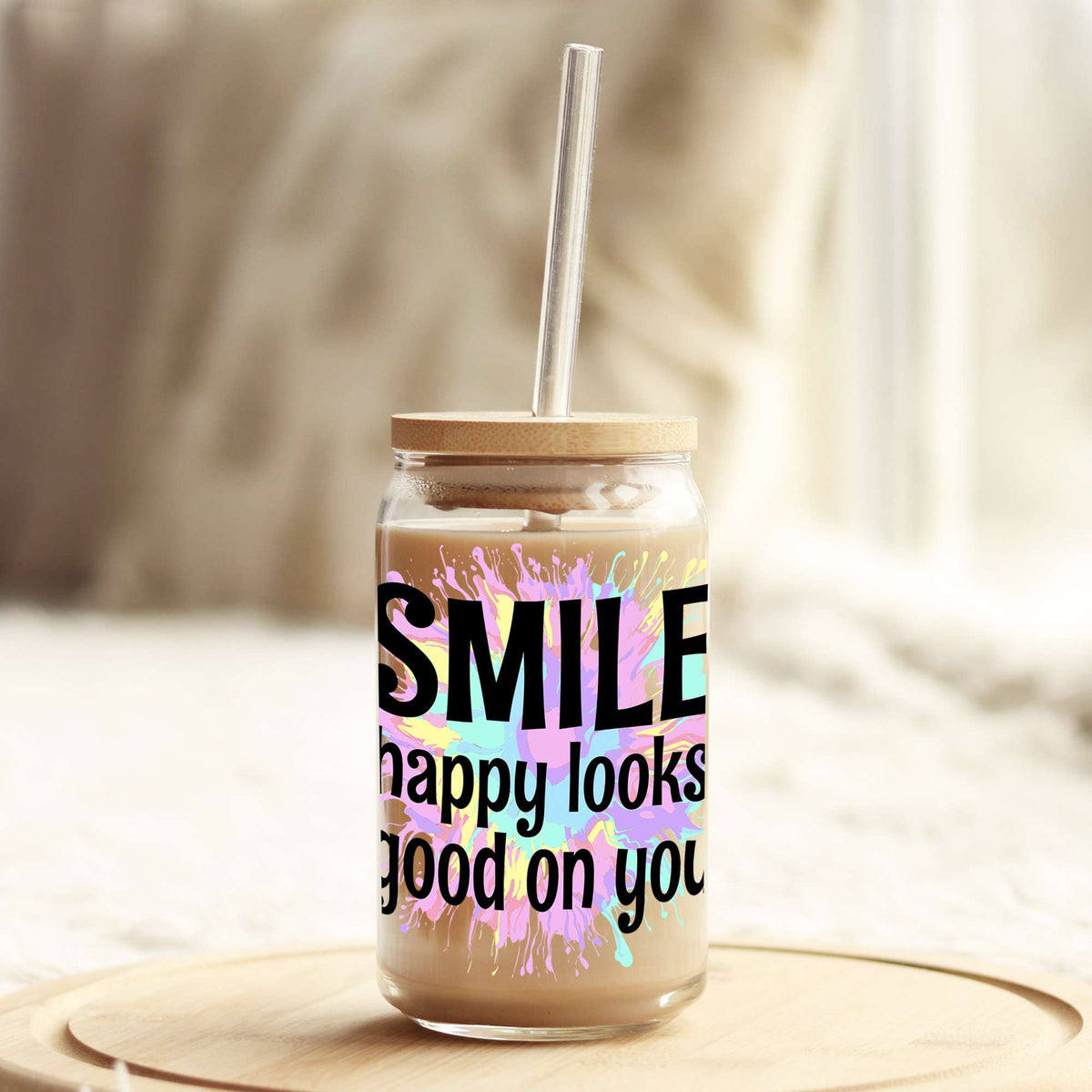 Smile Happy Looks Good on You 16oz Libbey Glass Can UV DTF or Sublimation Wrap - Decal Weefers
