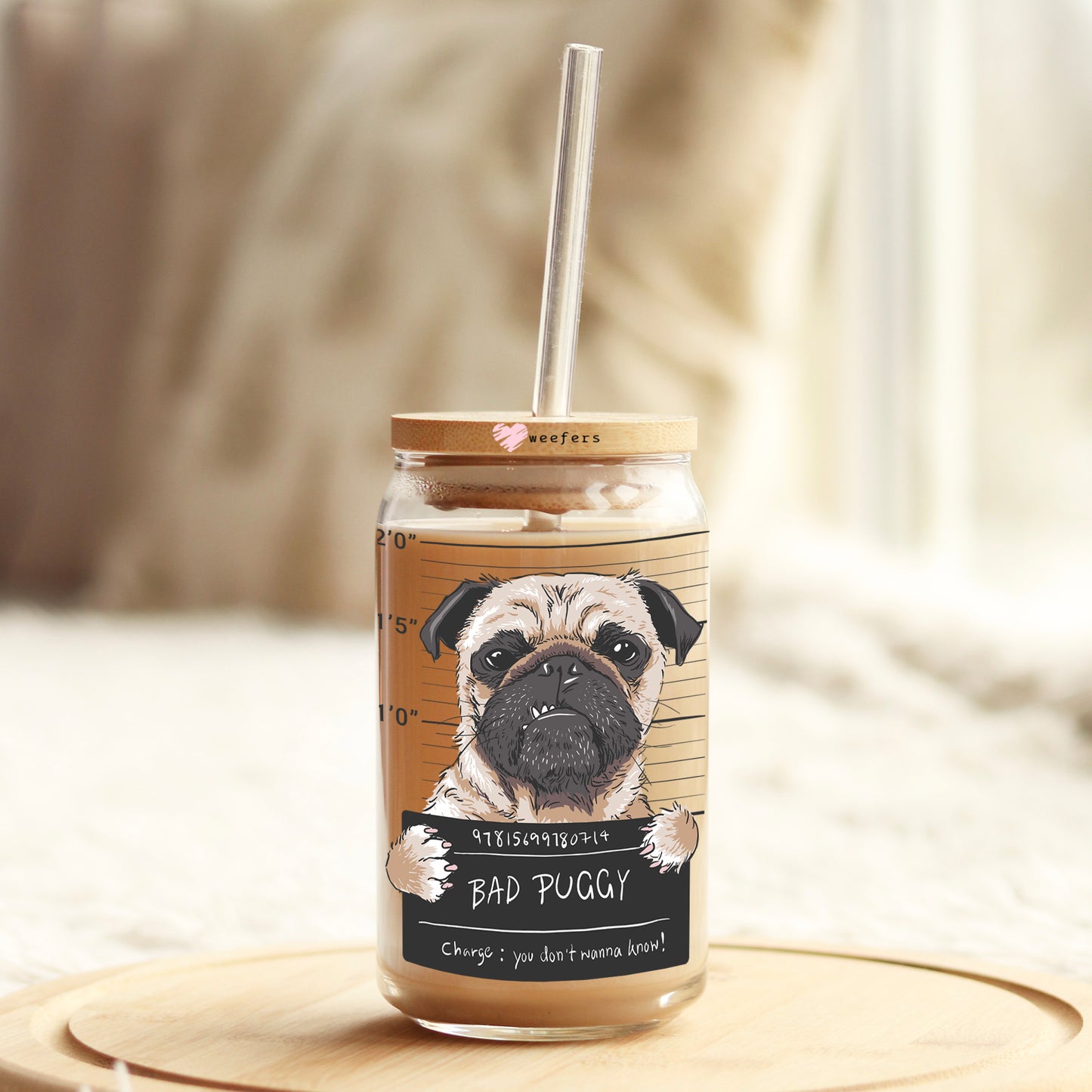 Bad Puggy Mug Shot 16oz Libbey Glass Can UV DTF or Sublimation Cup Wrap - Decal Transfer Weefers