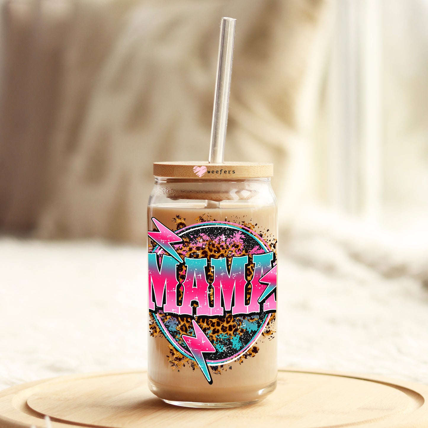 Mama Pink Teal Leopard 16oz Libbey Glass Can UV DTF or Sublimation Cup Wrap - Decal Transfer Weefers
