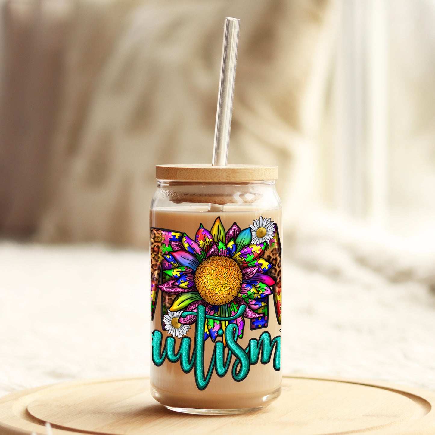 Mom Autism Western 16oz Libbey Glass Can UV DTF or Sublimation Cup Wrap - Decal Transfer Weefers