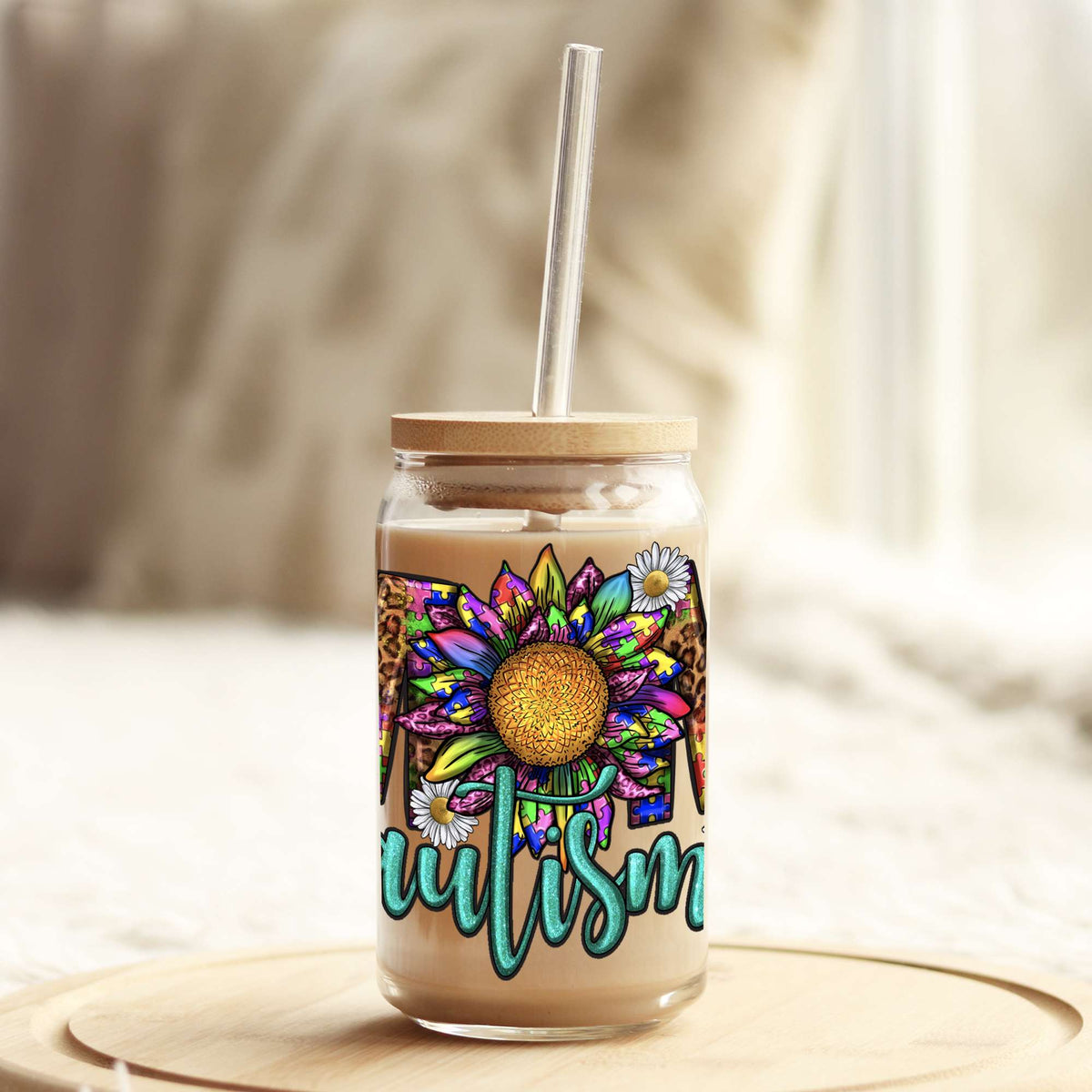 Mom Autism Western 16oz Libbey Glass Can UV DTF or Sublimation Cup Wrap - Decal Transfer Weefers