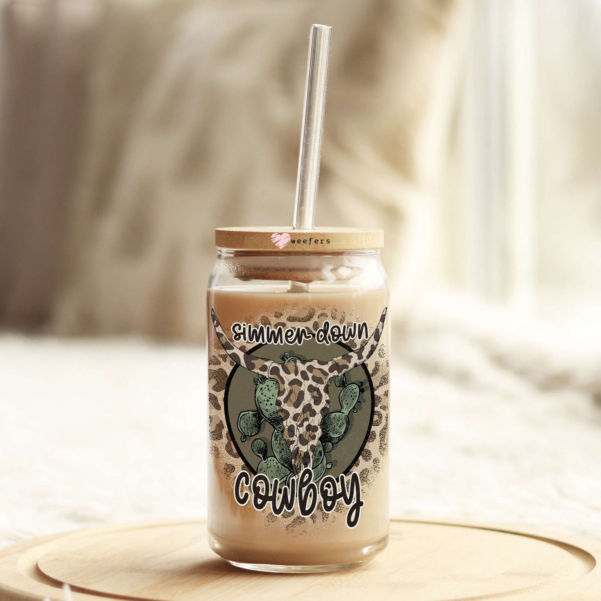 Simmer Down Cowboy Cow Skull 16oz Libbey Glass Can UV DTF or Sublimation Cup Wrap - Decal Transfer Weefers