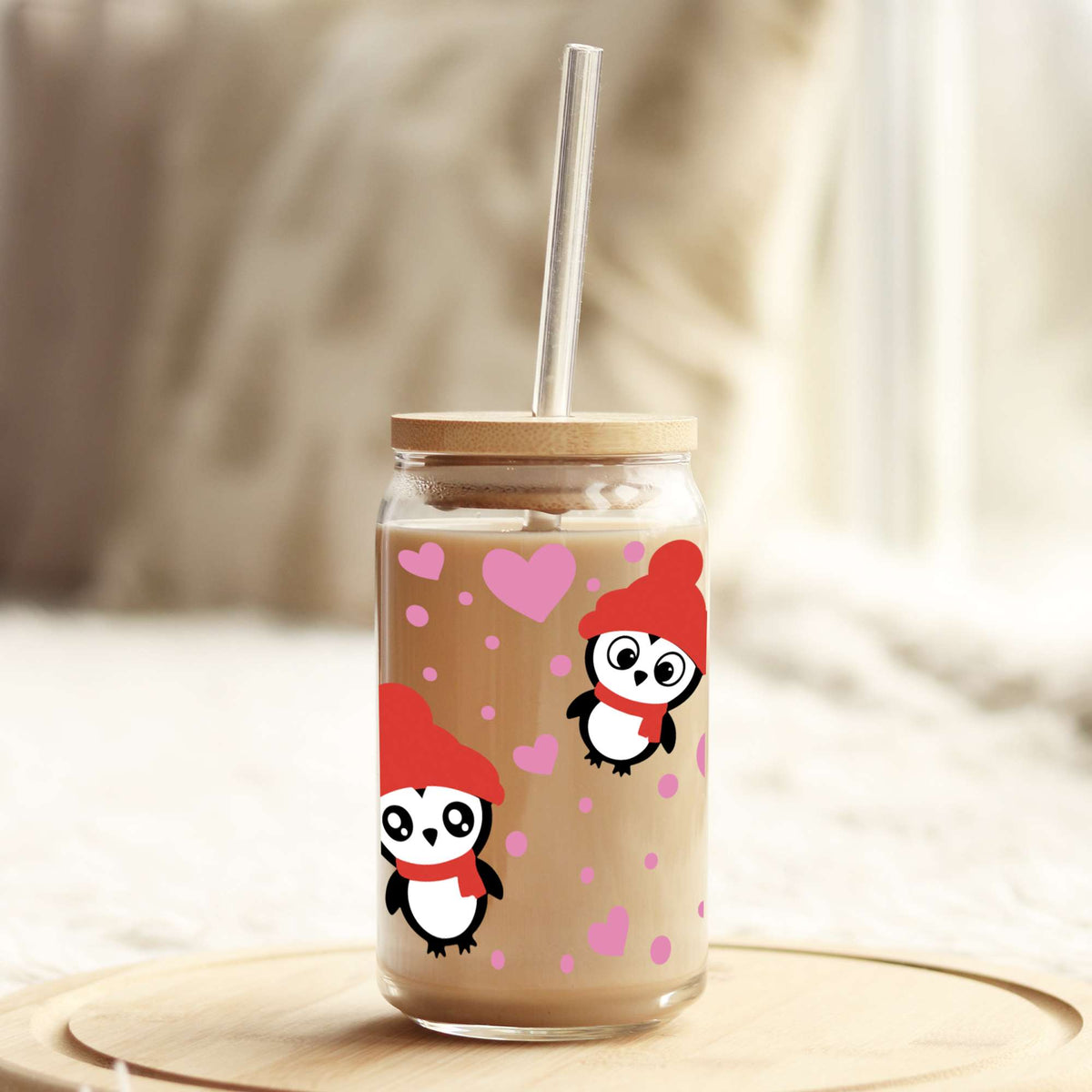 Valentine's Day Penguins 16oz Libbey Glass Can UV DTF or Sublimation Cup Wrap - Decal Transfer Weefers