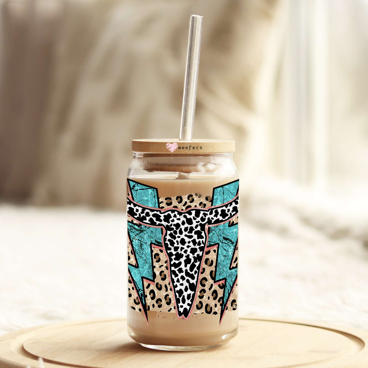 Cow Skull Teal Lightening Bolts Cheetah Print 16oz Libbey Glass Can UV DTF or Sublimation Cup Wrap - Decal Transfer Weefers