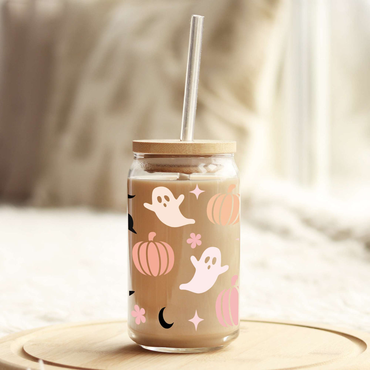 Pink Ghost and Pumpkins Halloween 16oz Libbey Glass Can UV DTF or Sublimation Wrap - Decal Weefers