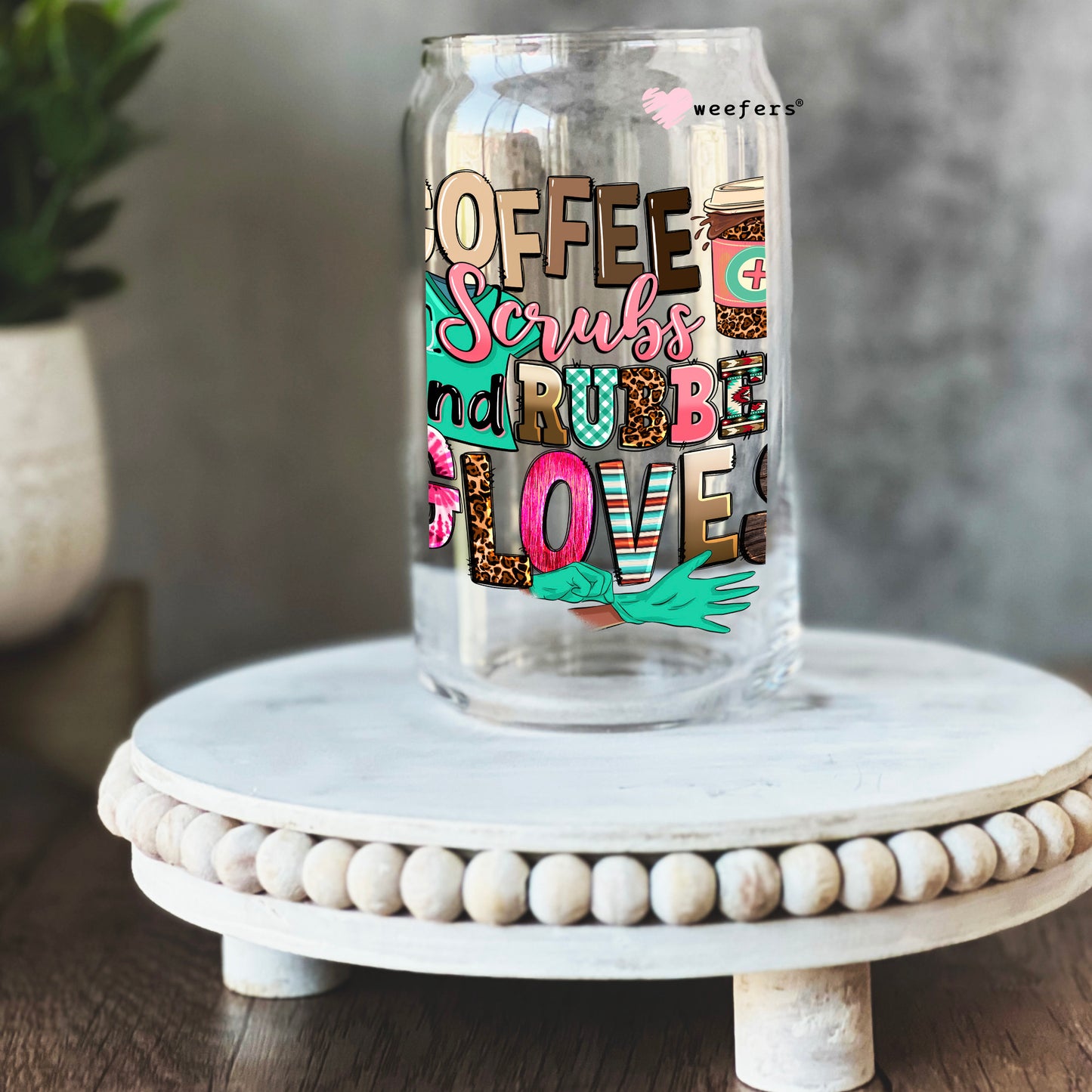 Coffee Scrubs and Rubber Gloves 16oz Libbey Glass Can UV DTF or Sublimation Cup Wrap - Decal Transfer Weefers