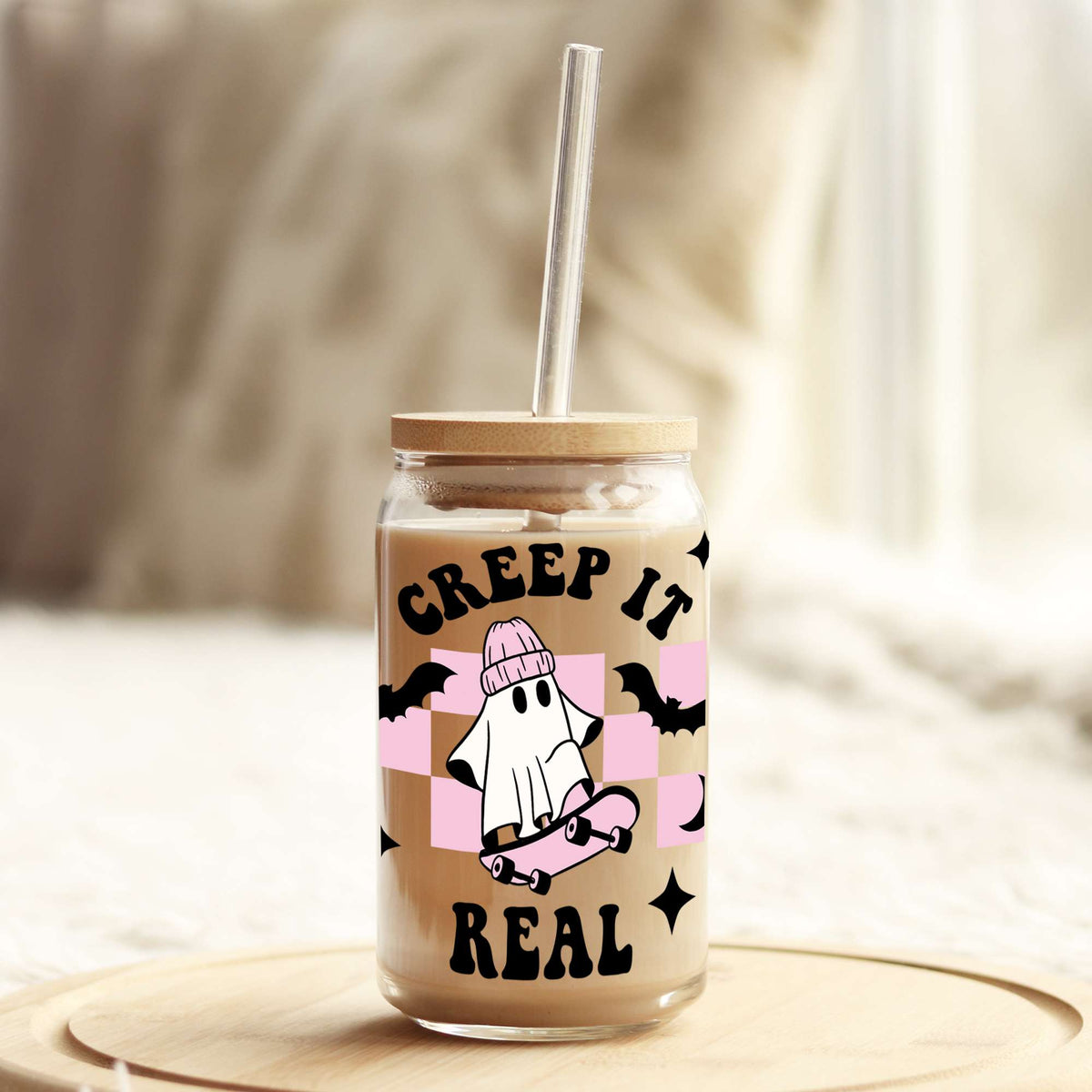 Creep it Real Pink and Black Ghost Halloween 16oz Libbey Glass Can UV DTF or Sublimation Wrap - Decal Weefers