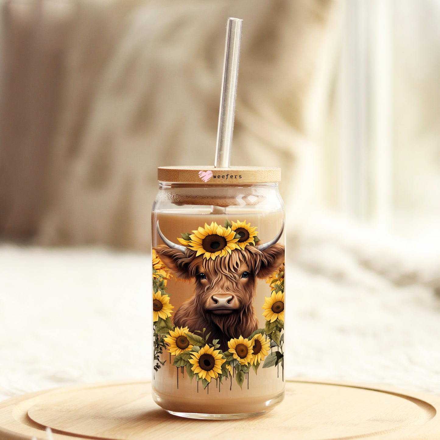Sunflower Highlander Cow 16oz Libbey Glass Can UV DTF or Sublimation Cup Wrap - Decal Transfer Weefers