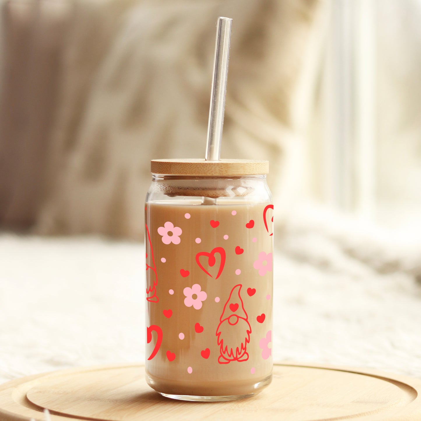 Valentine Hearts and Gnomes 16oz Libbey Glass Can UV DTF or Sublimation Cup Wrap - Decal Transfer Weefers