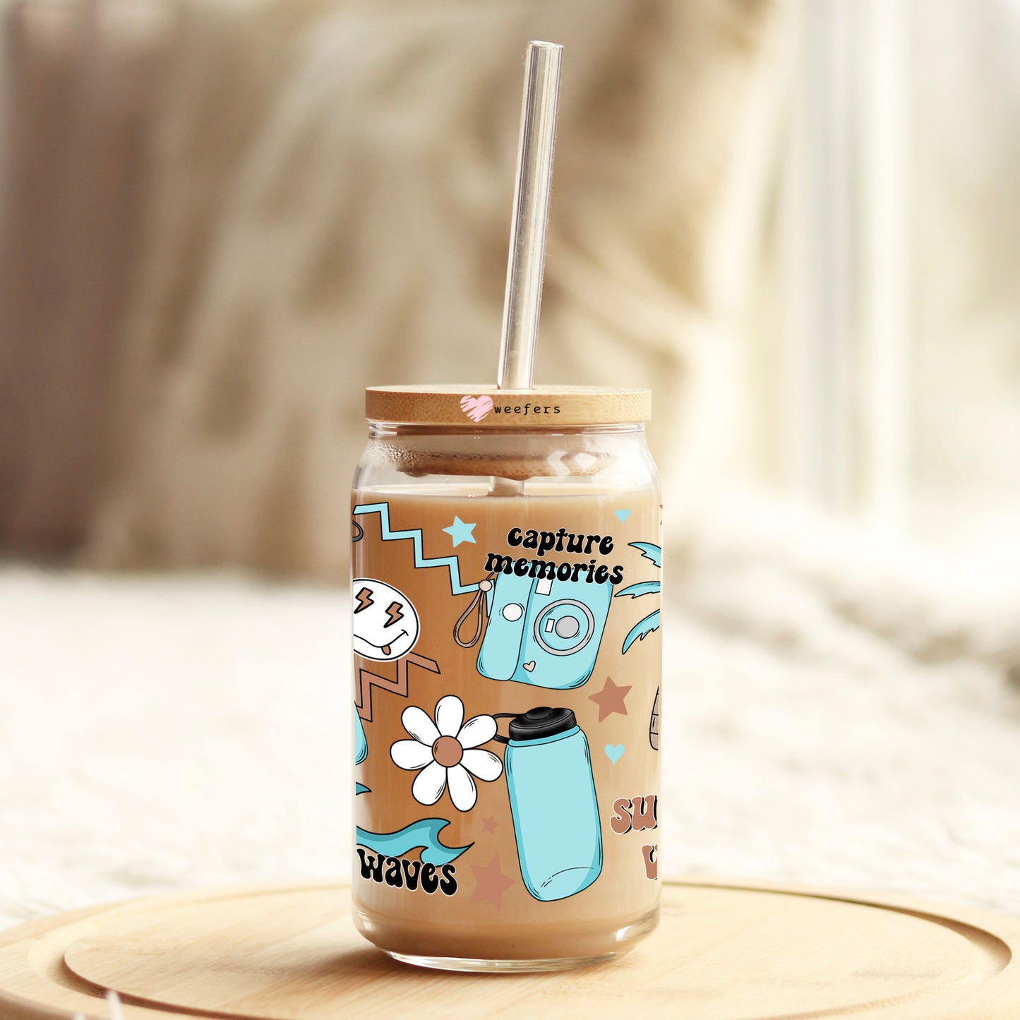 Summer Vibes Blue 16oz Libbey Glass Can UV DTF or Sublimation Cup Wrap - Decal Transfer Weefers