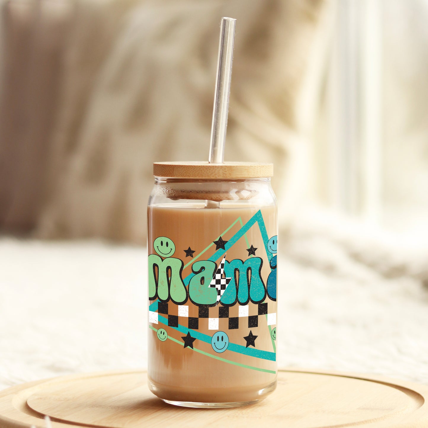 Mama Green and Blue 16oz Libbey Glass Can UV DTF or Sublimation Cup Wrap - Decal Transfer Weefers