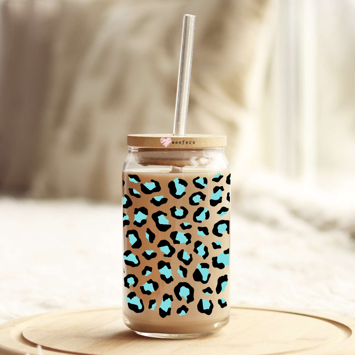 Turquoise Leopard 16oz Libbey Glass Can UV DTF or Sublimation Cup Wrap - Decal Transfer Weefers