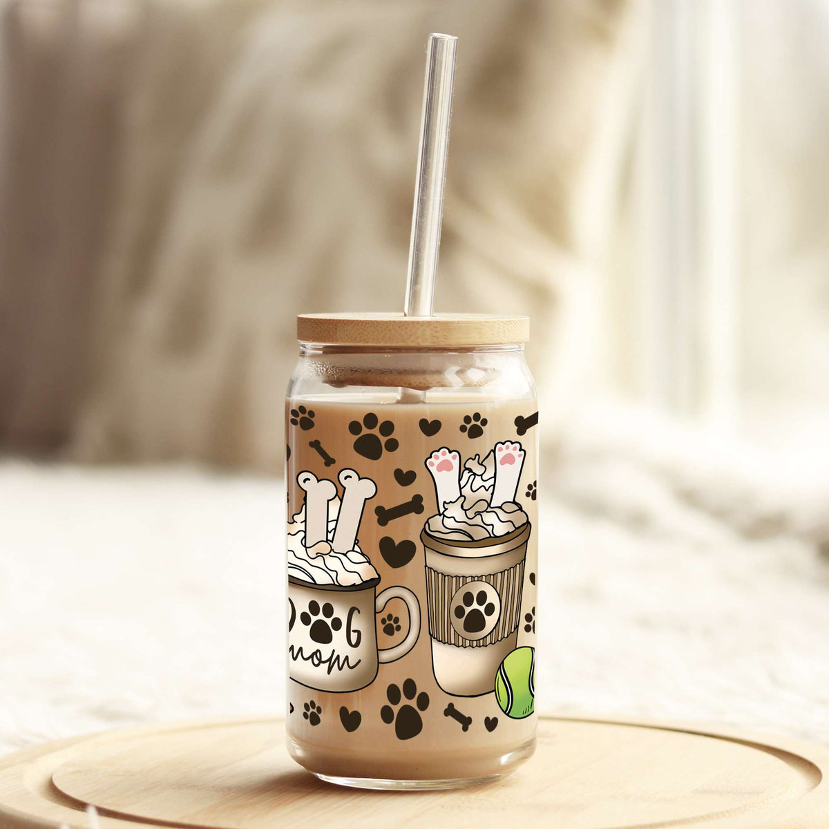 Dog Mom Coffee Latte 16oz Libbey Glass Can UV DTF or Sublimation Wrap - Decal Weefers