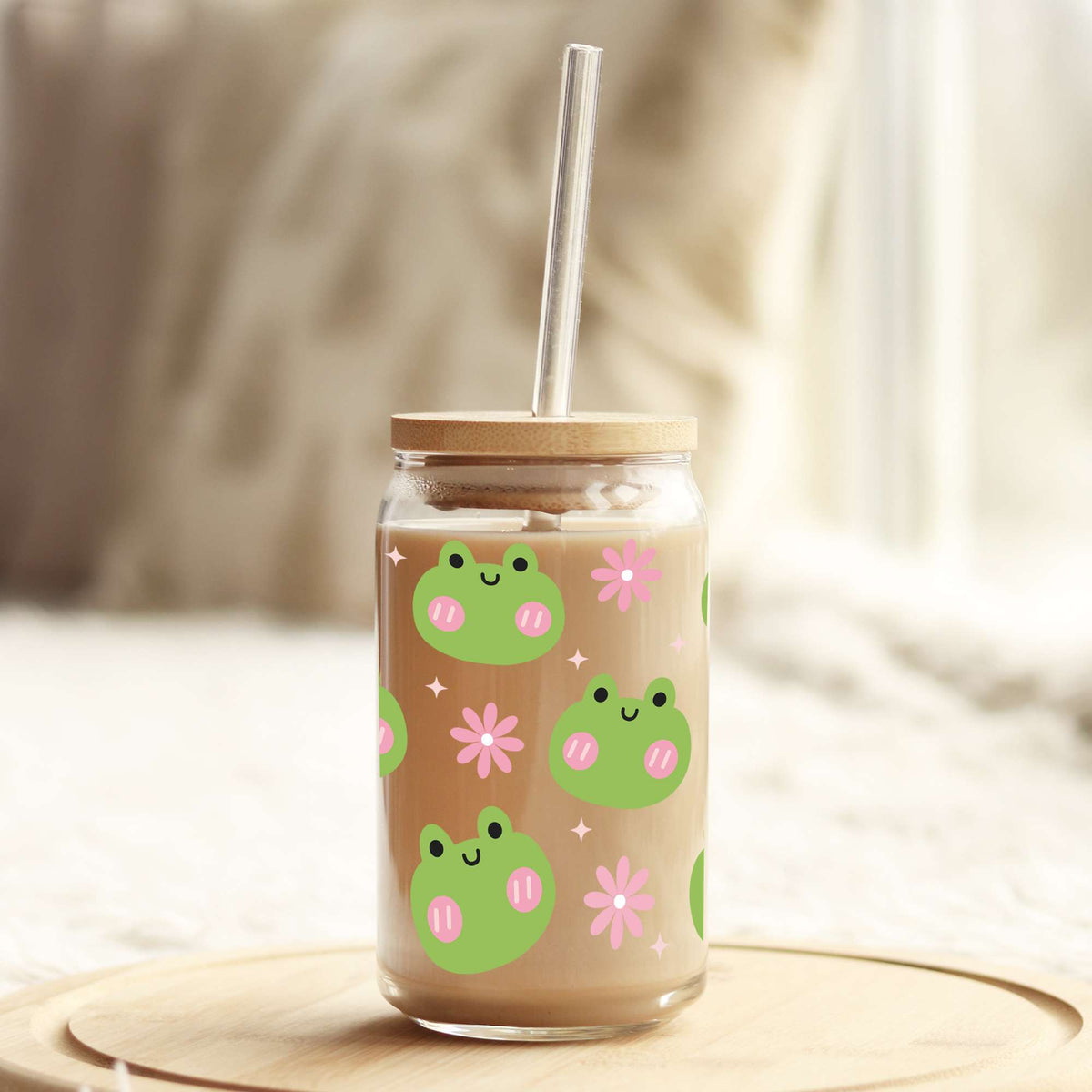 Pink and Green Frogs 16oz Libbey Glass Can UV DTF or Sublimation Cup Wrap - Decal Transfer Weefers