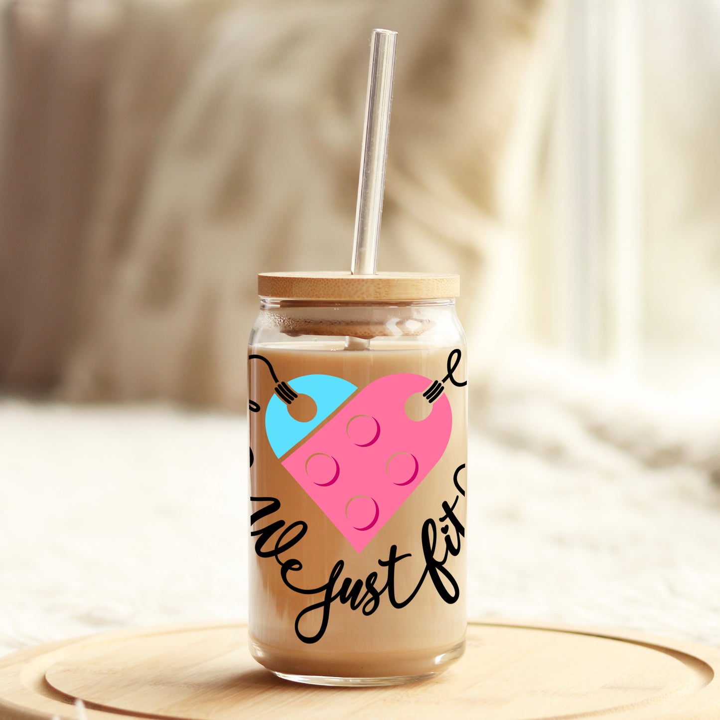 We Just Fit Puzzle Pieces 16oz Libbey Glass Can UV DTF or Sublimation Cup Wrap - Decal Transfer Weefers