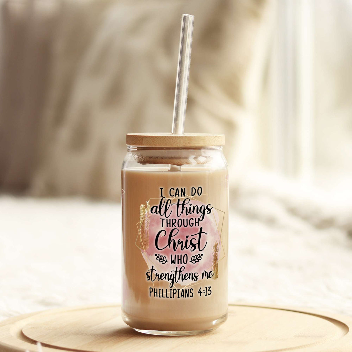 I Can do all things through Christ Christian 16oz Libbey Glass Can UV DTF or Sublimation Cup Wrap - Decal Transfer Weefers