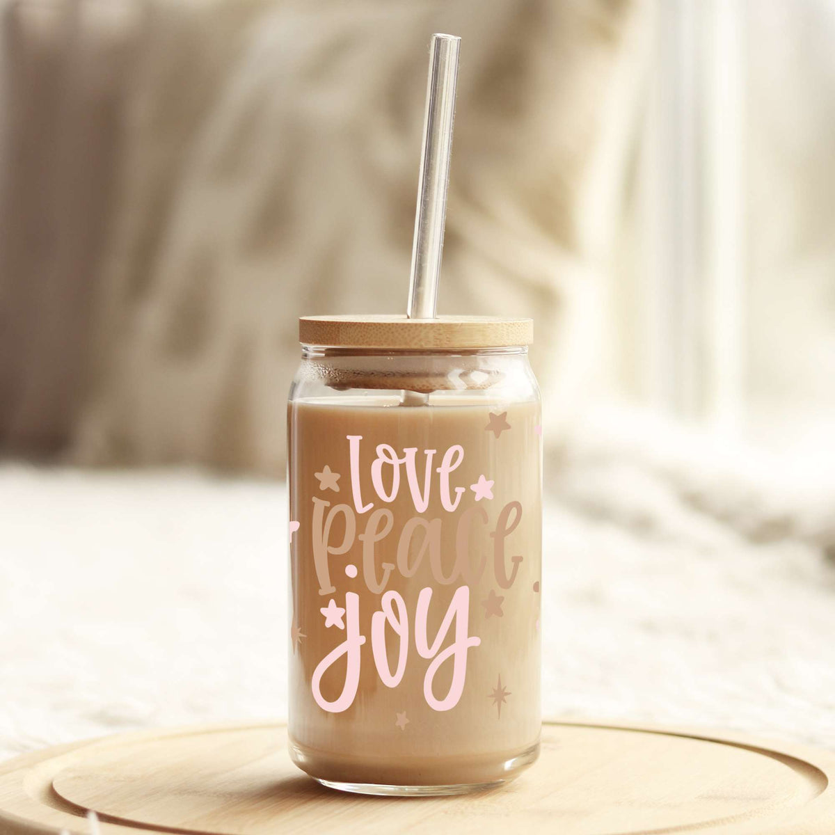 Pink and Gold Love Peace and Joy Christmas 16oz Libbey Glass Can UV DTF or Sublimation Wrap - Decal Weefers