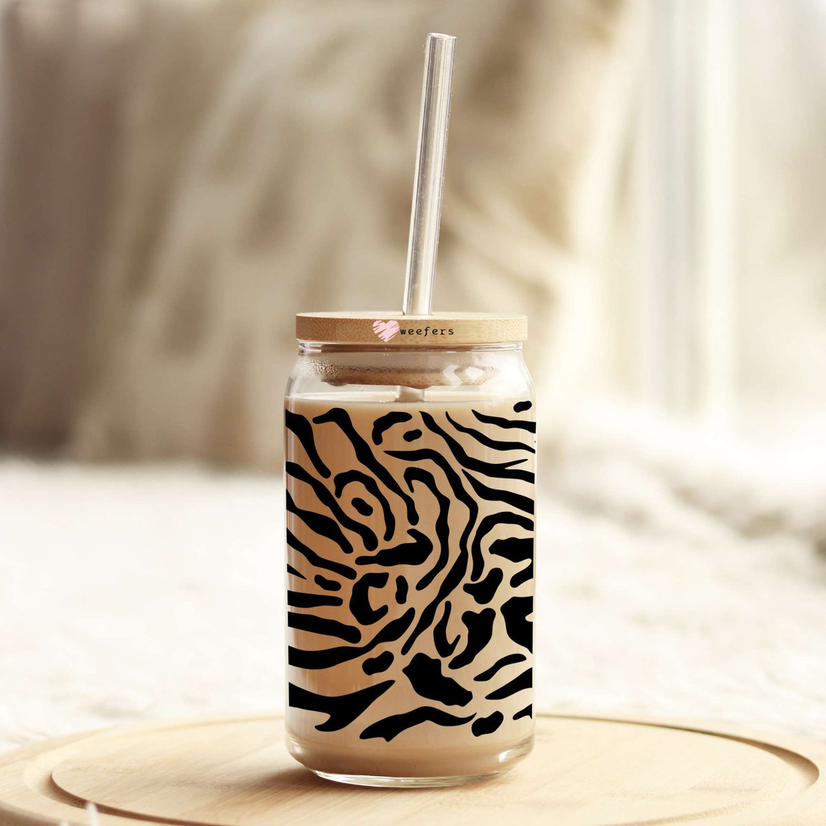 Black Zebra Print 16oz Libbey Glass Can UV DTF or Sublimation Cup Wrap - Decal Transfer Weefers