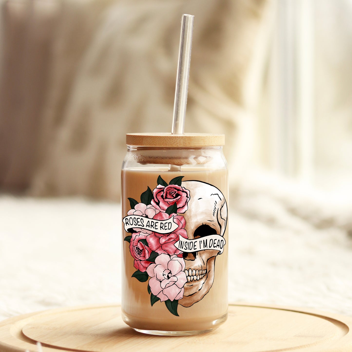 Roses are Red I'm Dead Inside Valentine's Day 16oz Libbey Glass Can UV DTF or Sublimation Cup Wrap - Decal Transfer Weefers