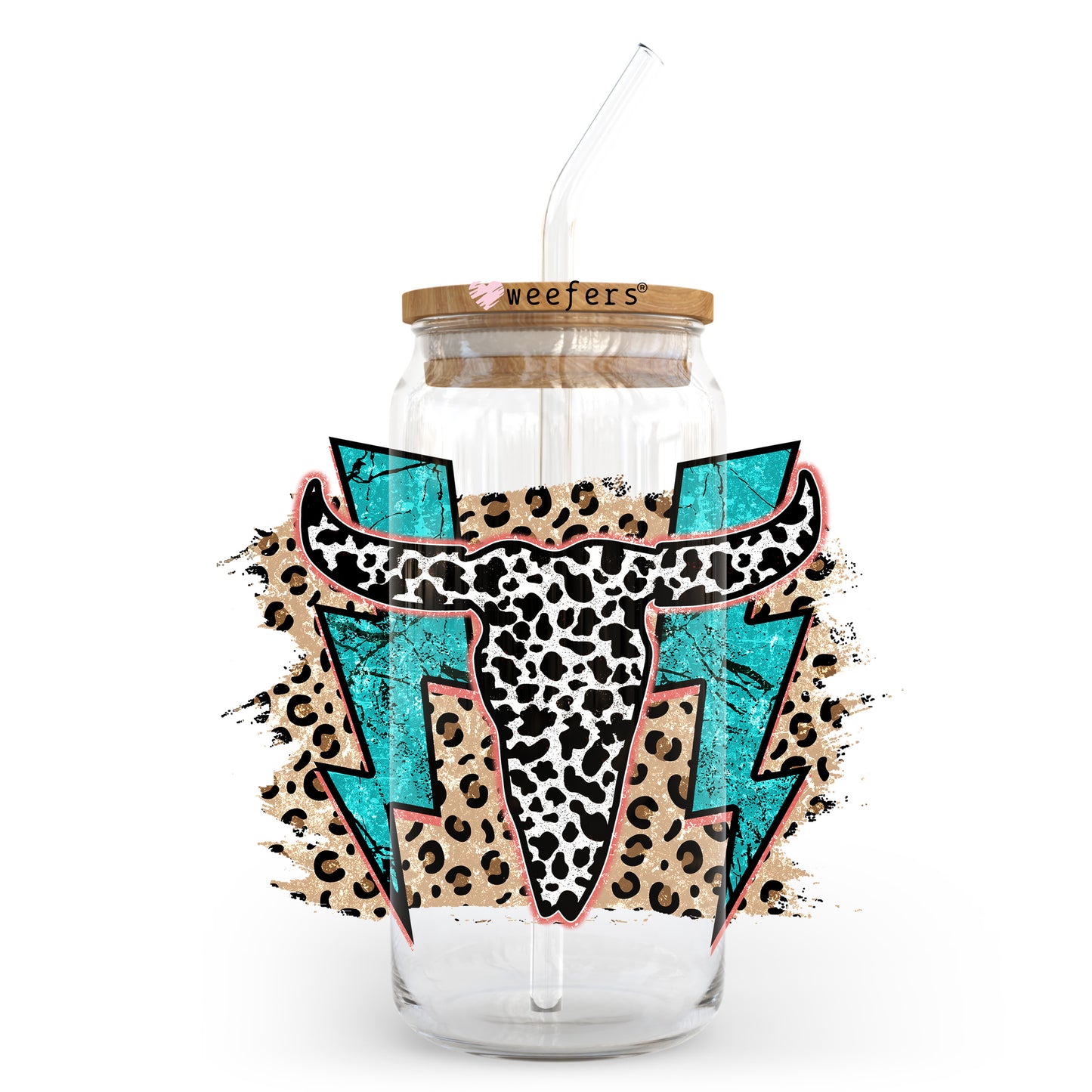 Teal Cow Skull Cheetah 20oz Libbey Glass Can UV DTF or Sublimation Wrap - Decal Transfer Weefers