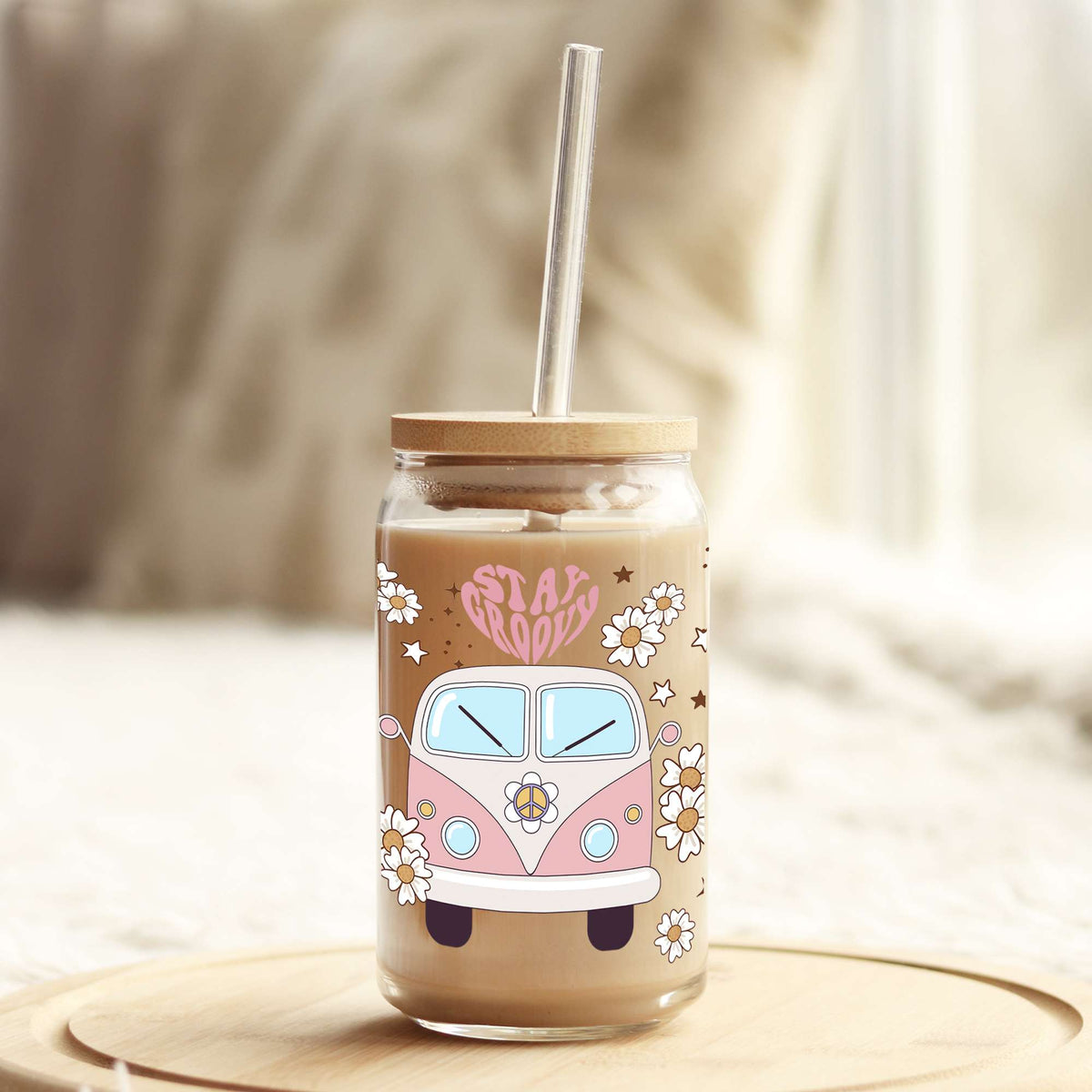 Stay Groovy Pinks and Blues Bus 16oz Libbey Glass Can UV DTF or Sublimation Wrap - Decal Weefers