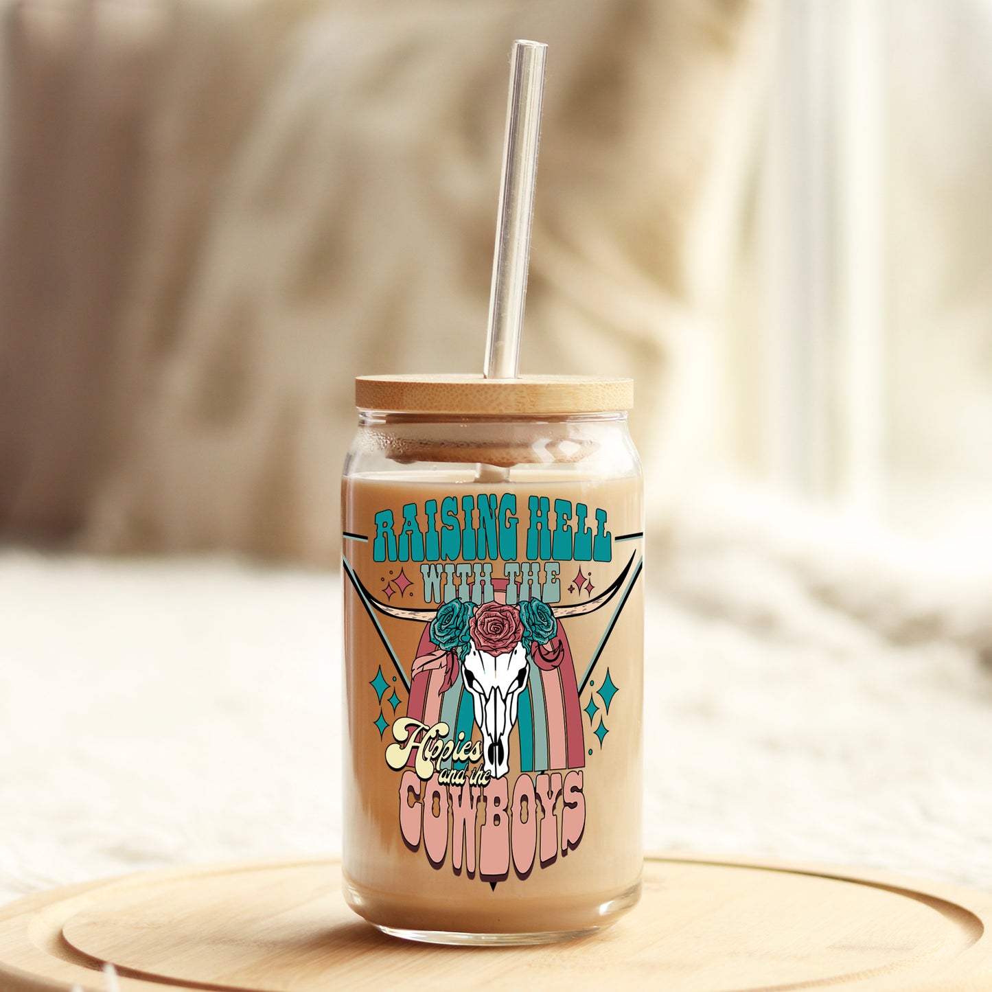 Raising Hell with Hippies and Cowboys 16oz Libbey Glass Can UV DTF or Sublimation Cup Wrap - Decal Transfer Weefers