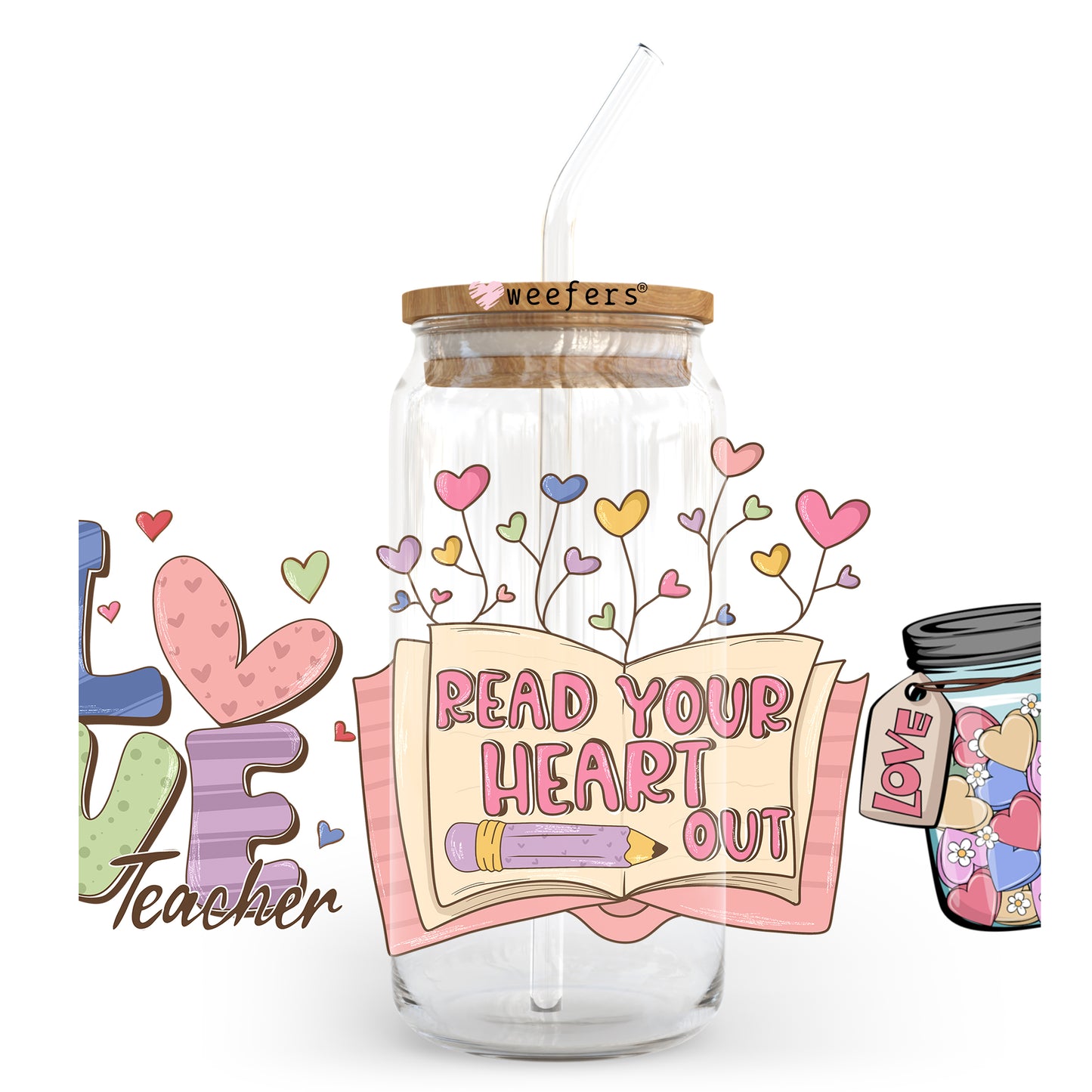 Love Teacher Valentine's Day 20oz Libbey Glass Can UV DTF or Sublimation Wrap - Decal Weefers