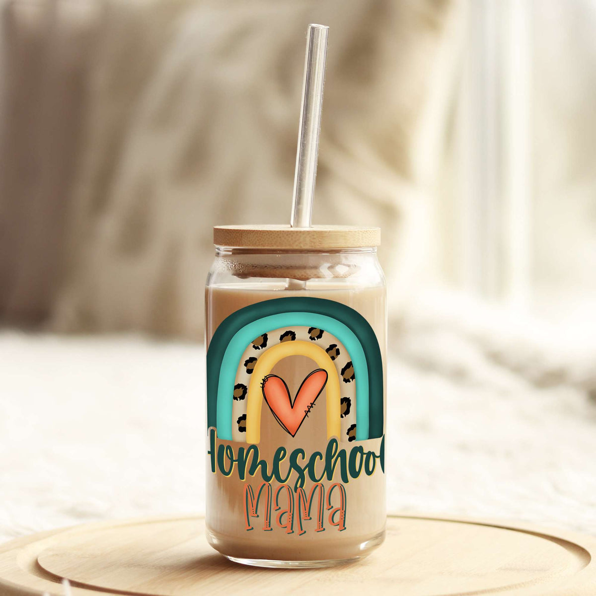 Homeschool Mama Boho Rainbow 16oz Libbey Glass Can UV DTF or Sublimation Wrap - Deca Weefers