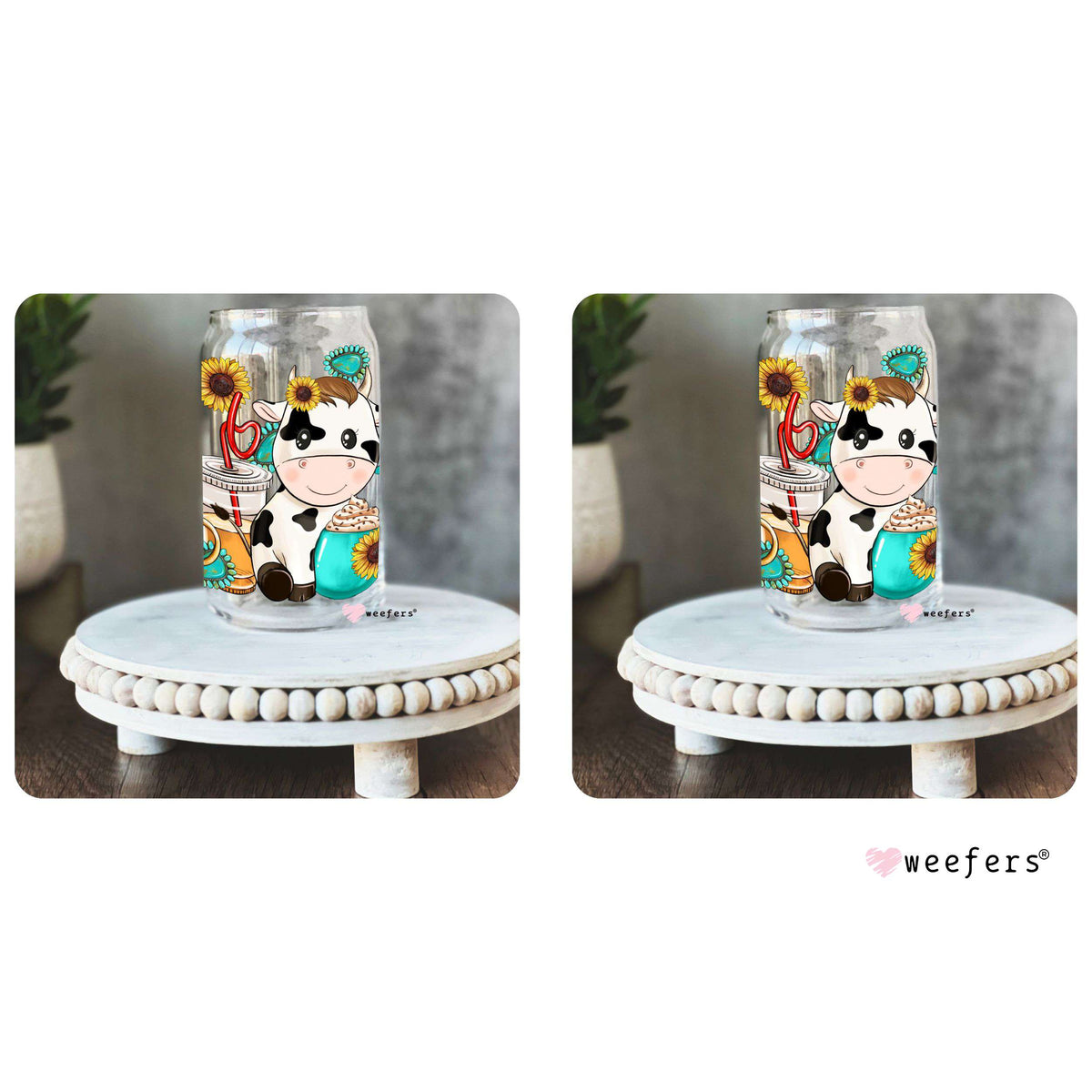 Western Sunflower Cow Bundle x 2 16oz Libbey Glass Can UV DTF or Sublimation Wrap - Decal Weefers
