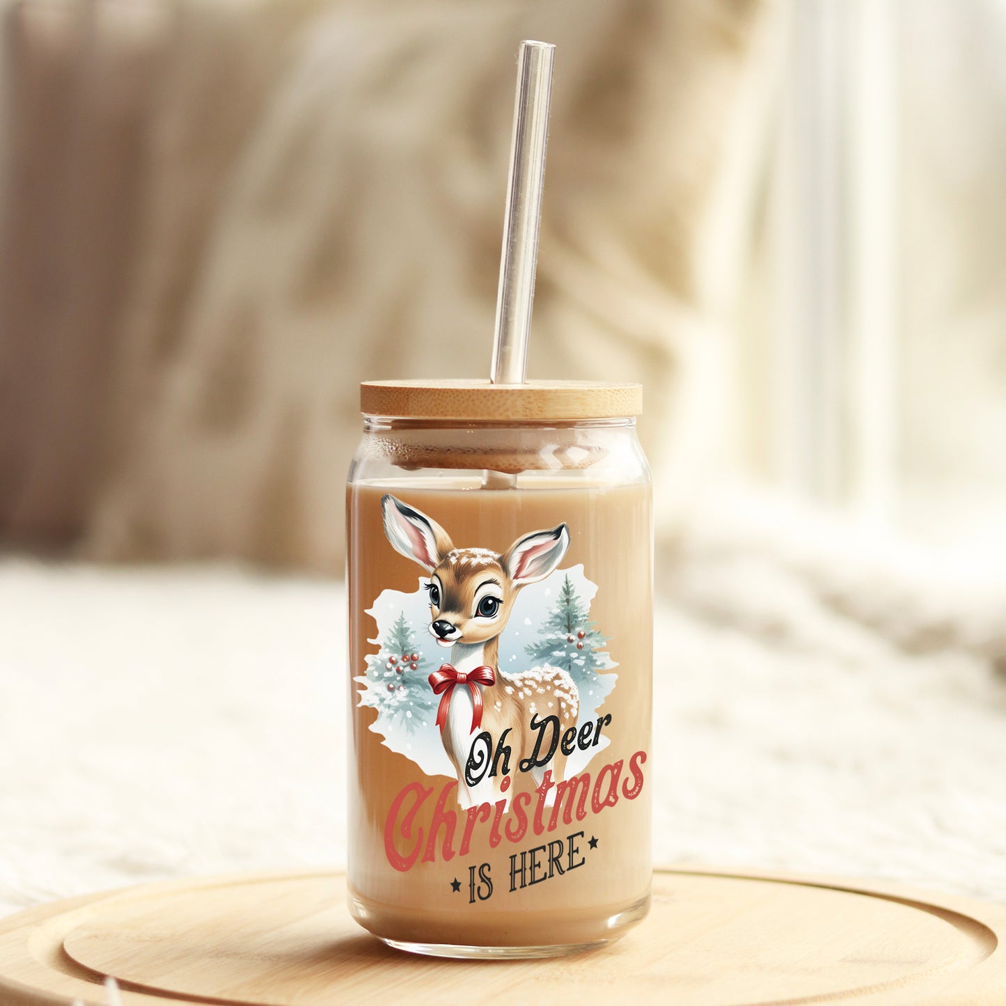Oh Deer Christmas is Here Vintage Christmas 16oz Libbey Glass Can UV DTF or Sublimation Wrap - Decal Weefers