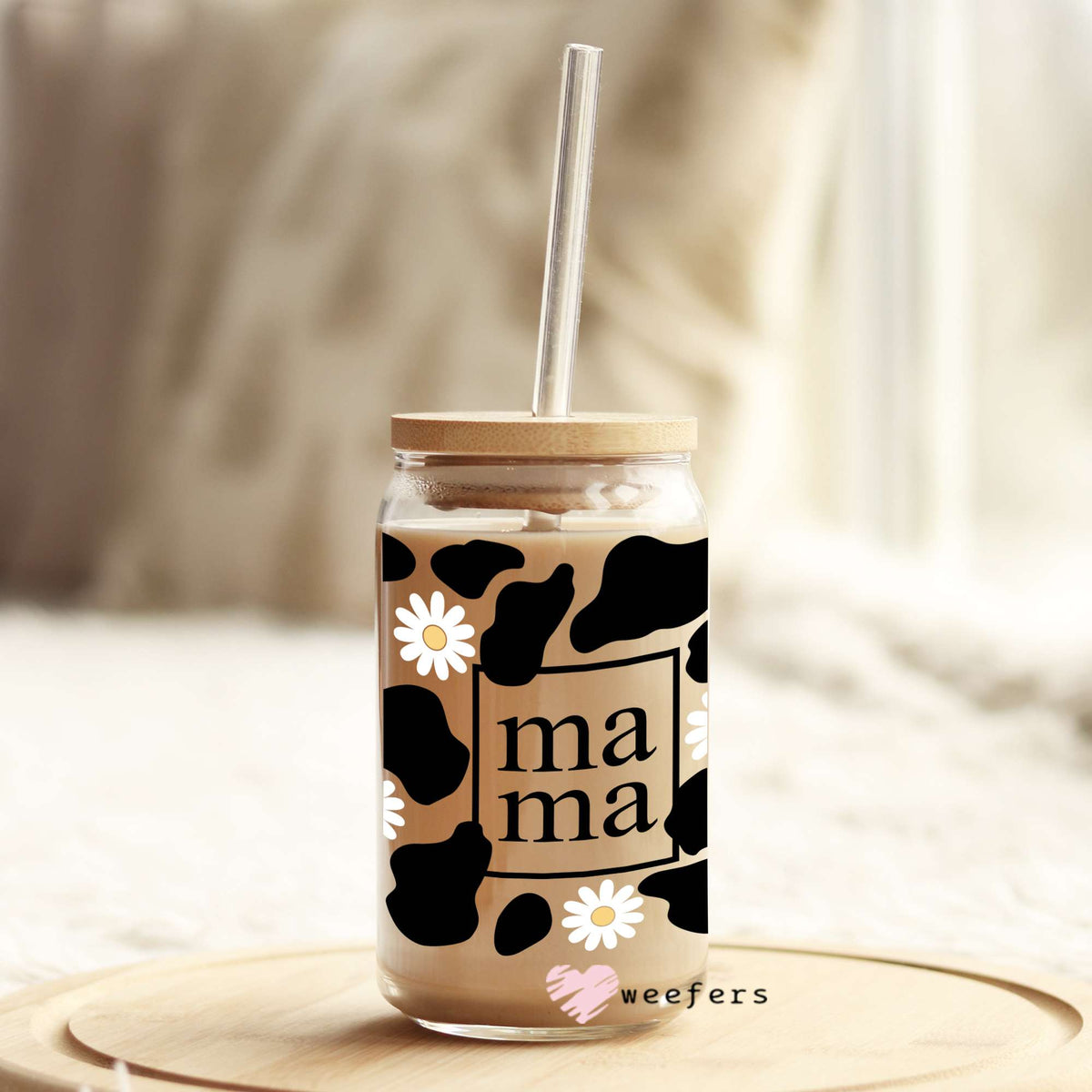 Mama Black Cow Print and Daisies 16oz Libbey Glass Can UV DTF or Sublimation Wrap - Decal Weefers
