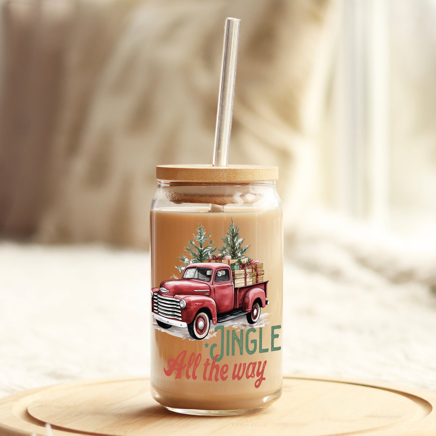 Jingle all the Way Vintage Christmas Truck 16oz Libbey Glass Can UV DTF or Sublimation Wrap - Decal Weefers