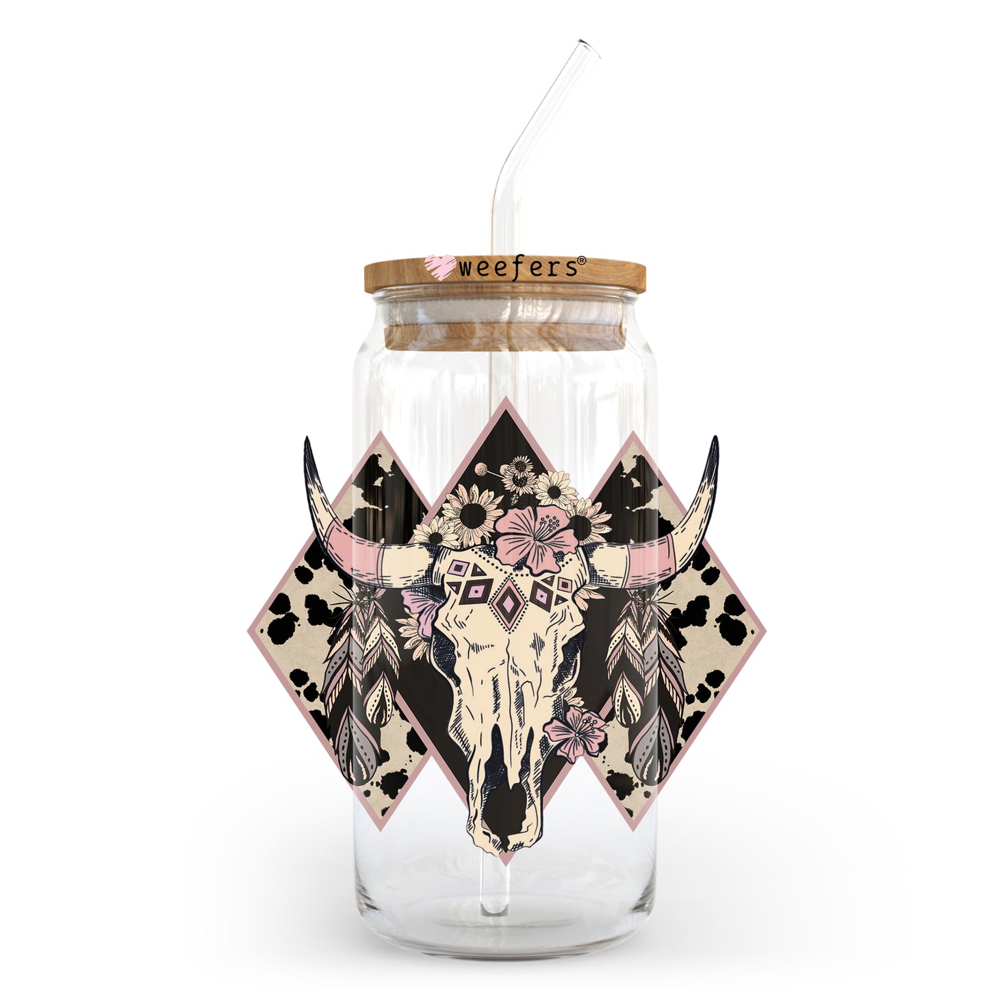 Cow Skull Aztec Black 20oz Libbey Glass Can UV DTF or Sublimation Wrap - Decal Transfer Weefers