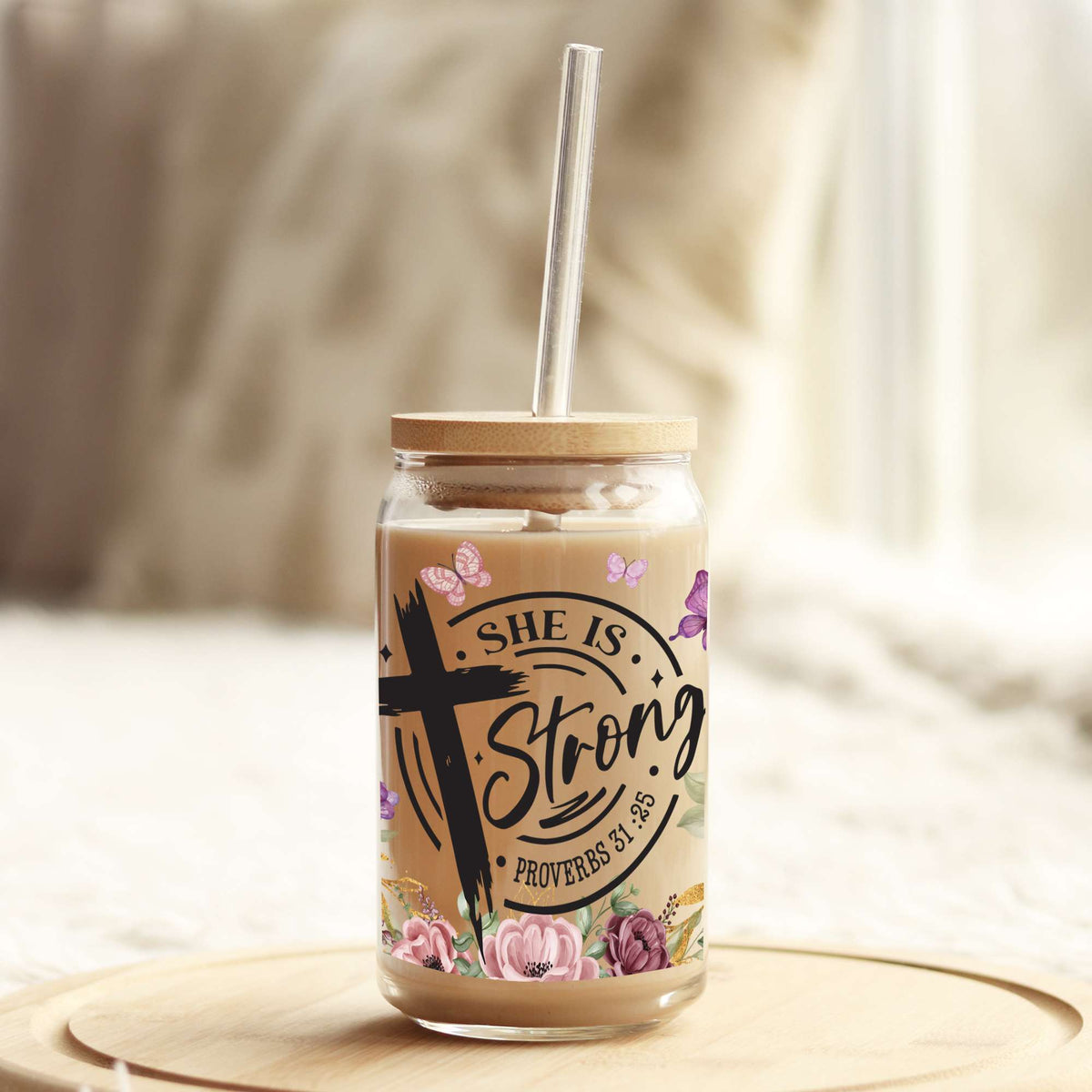 She is Strong Christian 16oz Libbey Glass Can UV DTF or Sublimation Cup Wrap - Decal Transfer Weefers