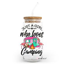 Load image into Gallery viewer, Just a Girl who loves Camping 20oz Libbey Glass Can, 34oz Hip Sip, 40oz Tumbler UVDTF or Sublimation Decal Transfer
