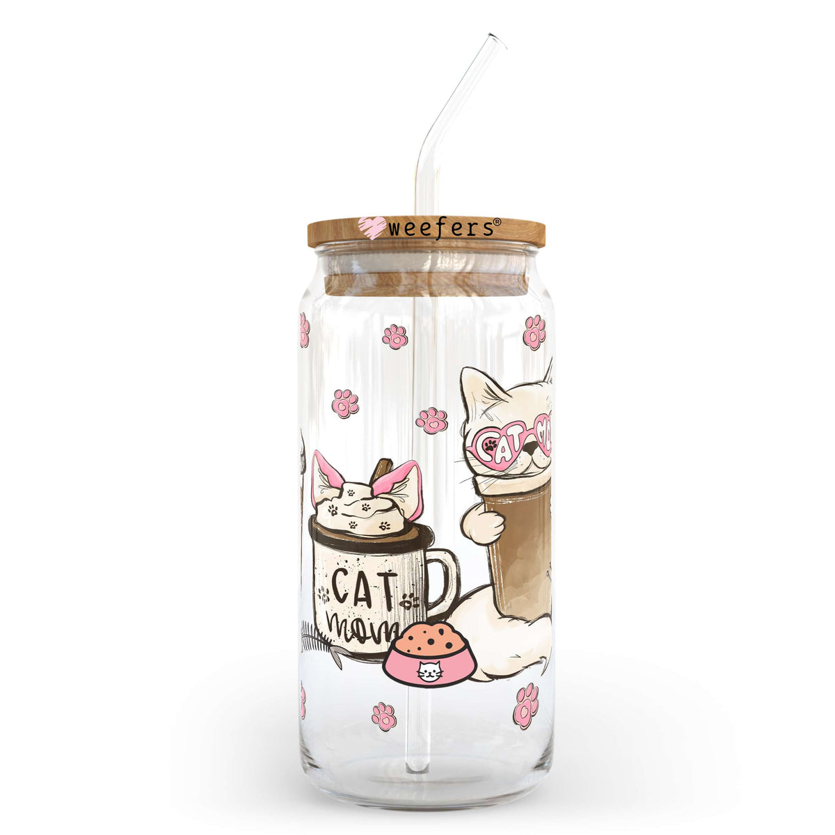 Pink Cat Mom Coffee Latte 20oz Libbey Glass Can, 34oz Hip Sip, 40oz Tumbler UV DTF or Sublimation Decal Transfer Weefers