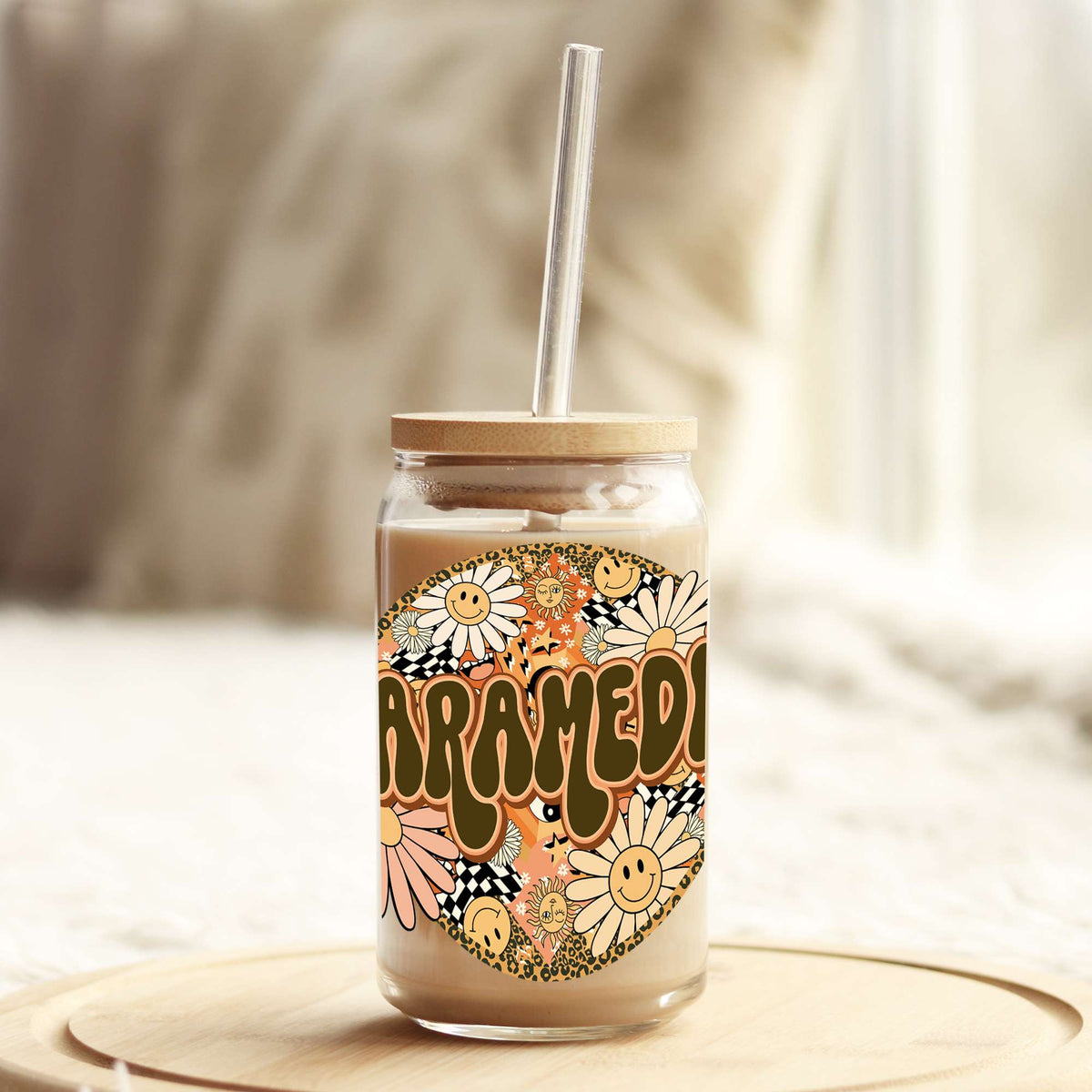 Retro Floral Paramedic 16oz Libbey Glass Can UV DTF or Sublimation Wrap - Decal Weefers
