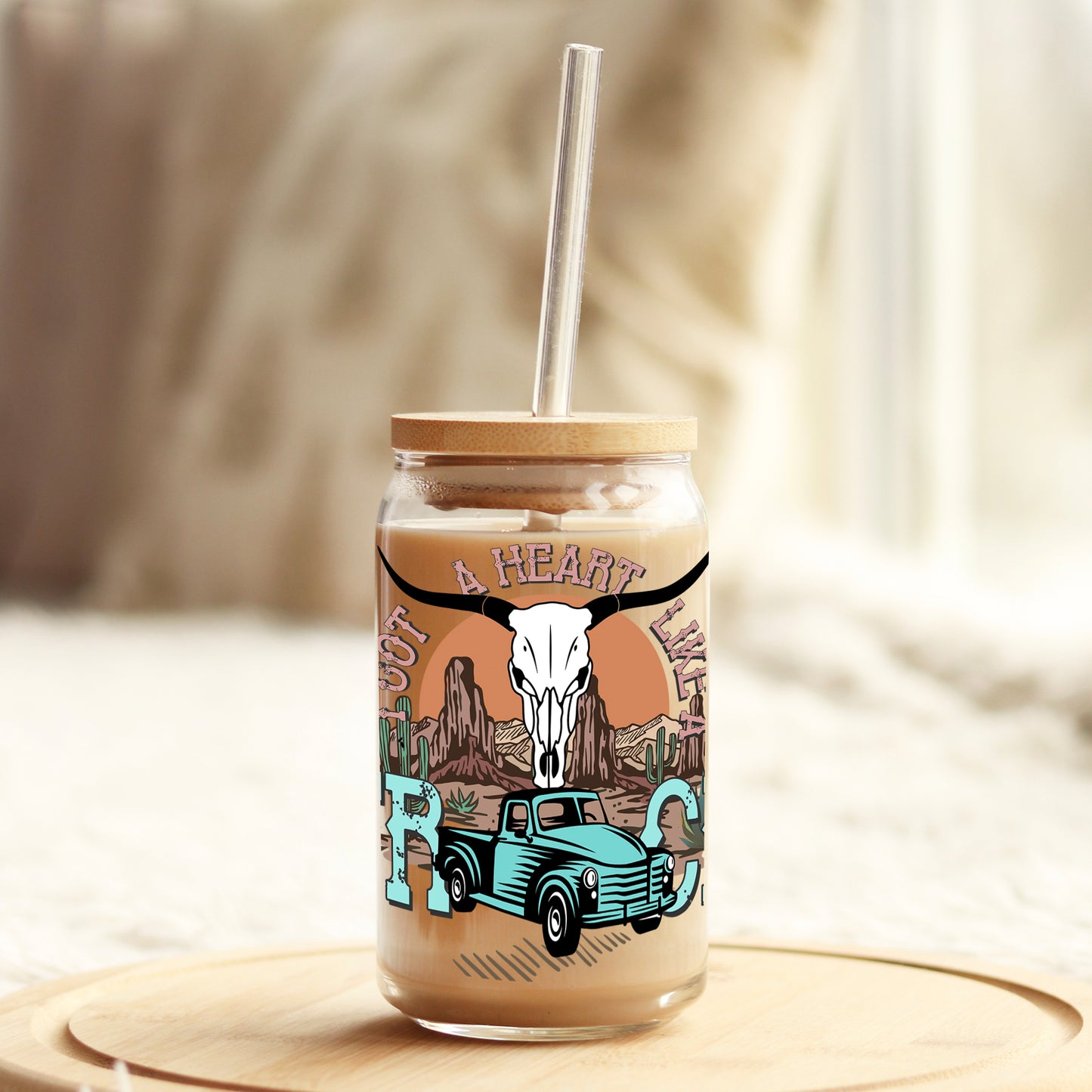 I've Got a Heart Like a Truck Cow Skull 16oz Libbey Glass Can UV DTF or Sublimation Cup Wrap - Decal Transfer Weefers