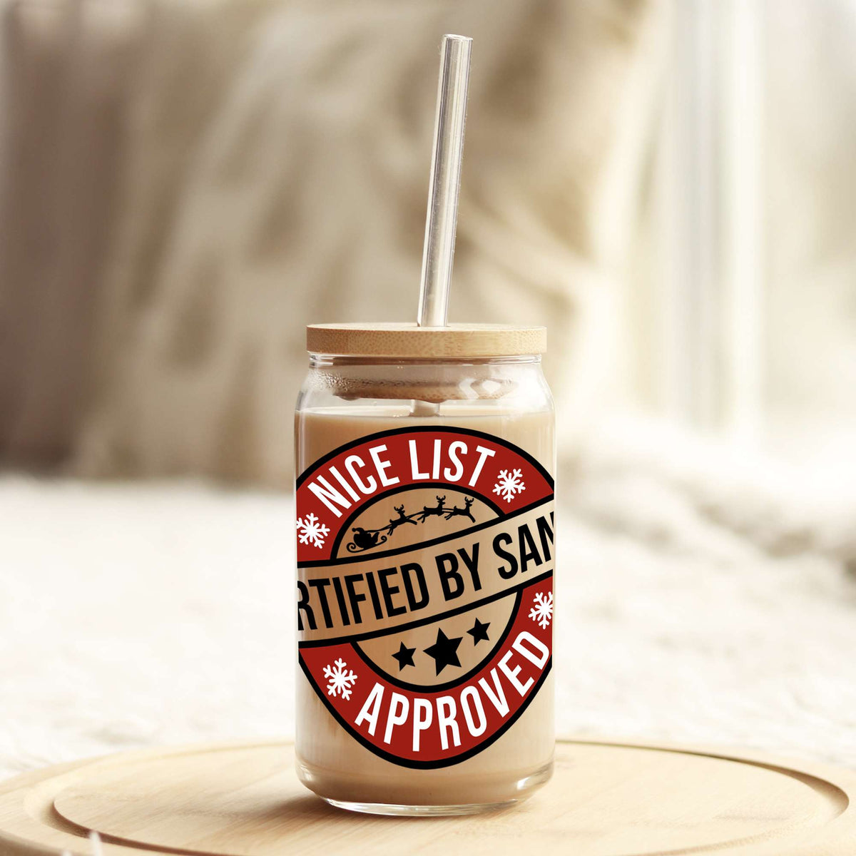 Nice List Approved Certified by Santa Christmas 16oz Libbey Glass Can UV DTF or Sublimation Wrap - Decal Weefers
